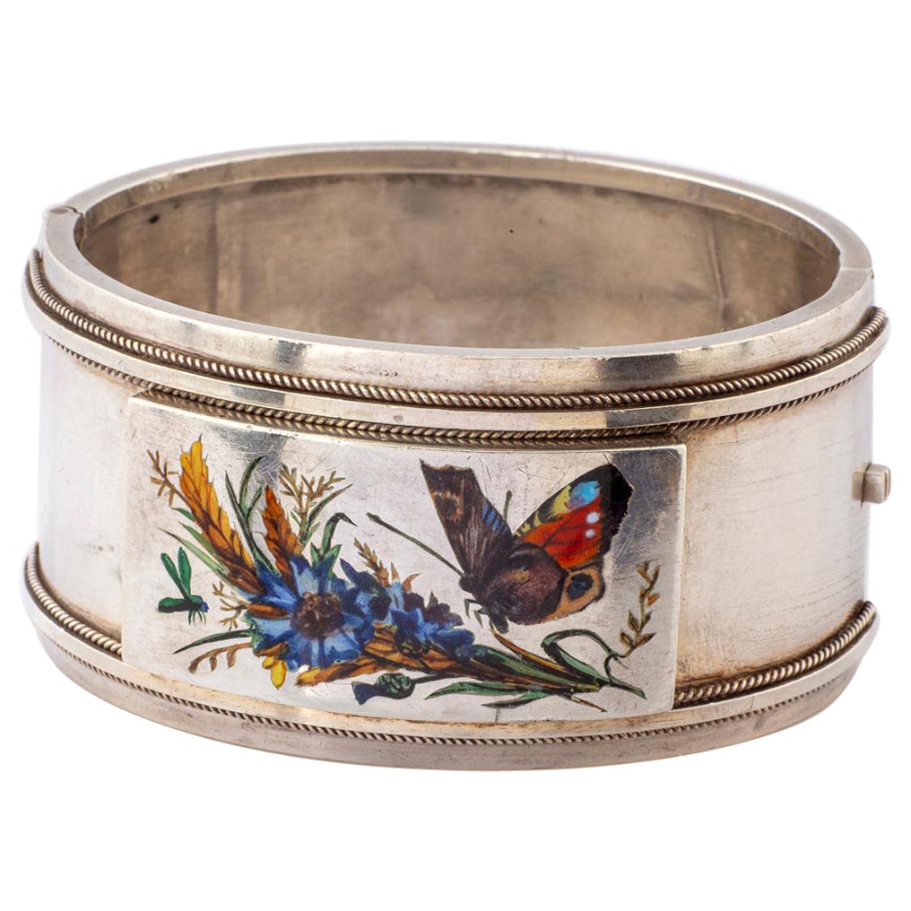 Sterling Silver Enamel Hand Painted Butterfly Cuff