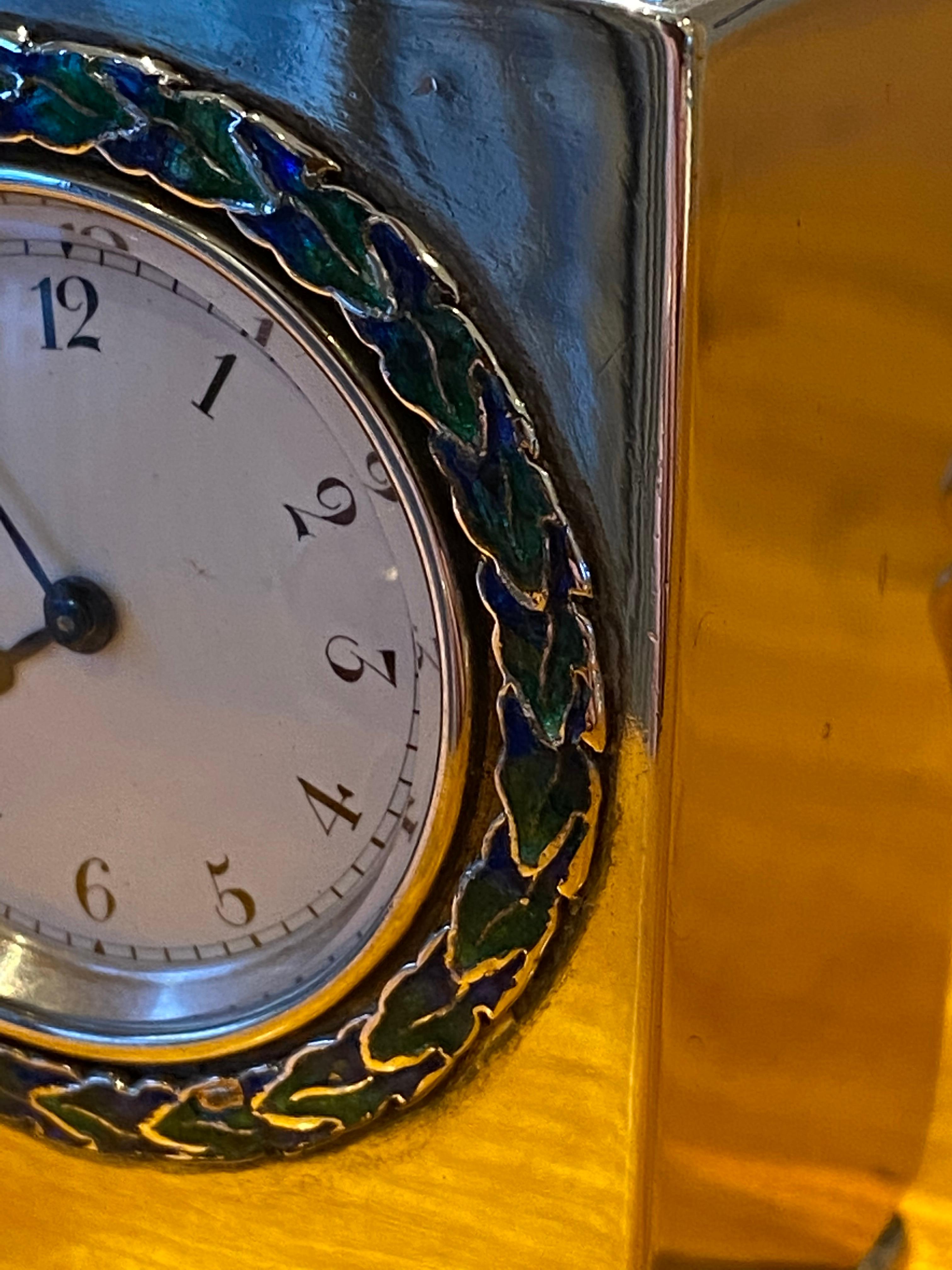 Sterling Silber Emaille Liberty's London Archibald Knox Miniatur Kutsche Uhr im Angebot 6