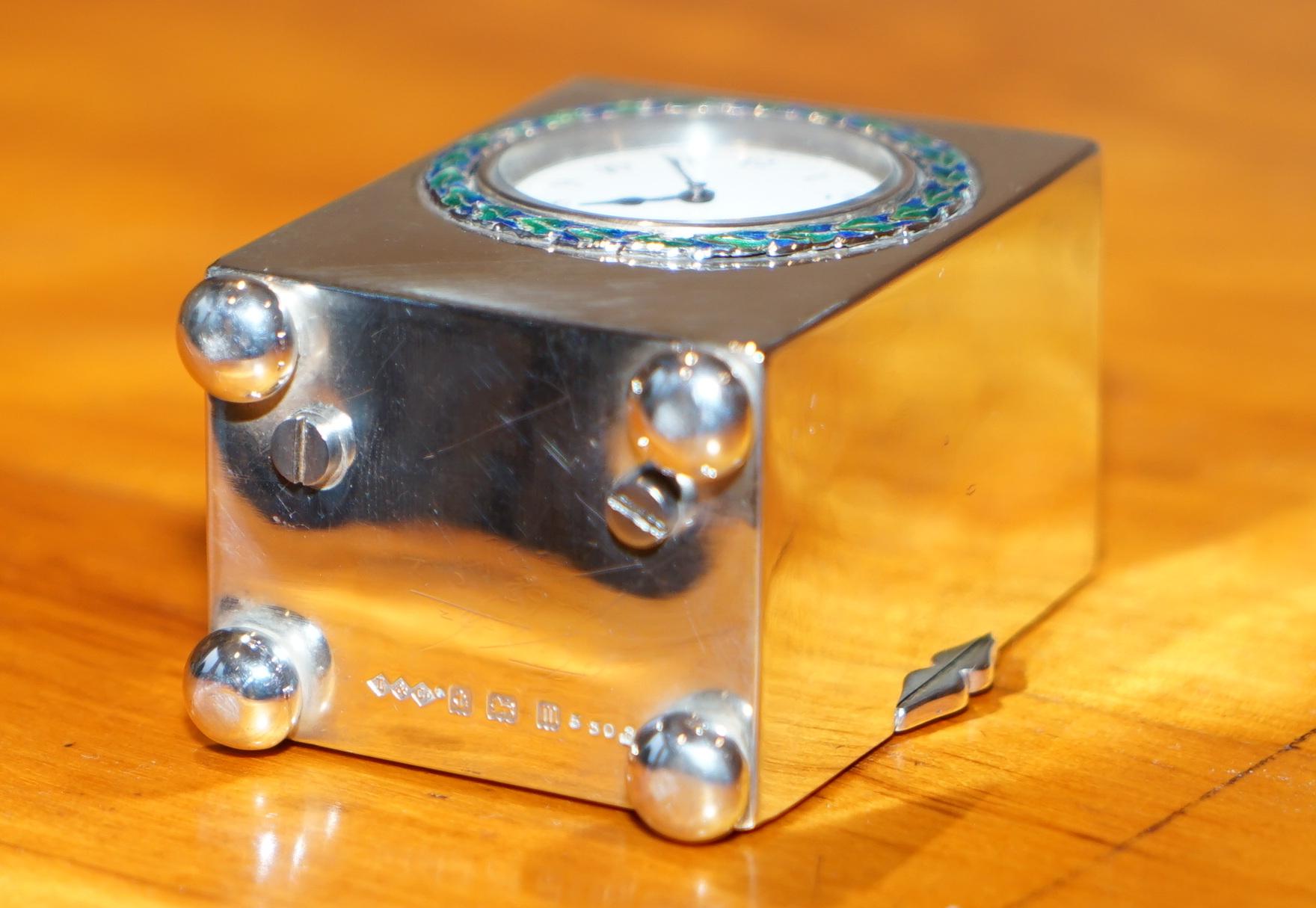 Sterling Silber Emaille Liberty's London Archibald Knox Miniatur Kutsche Uhr im Angebot 2