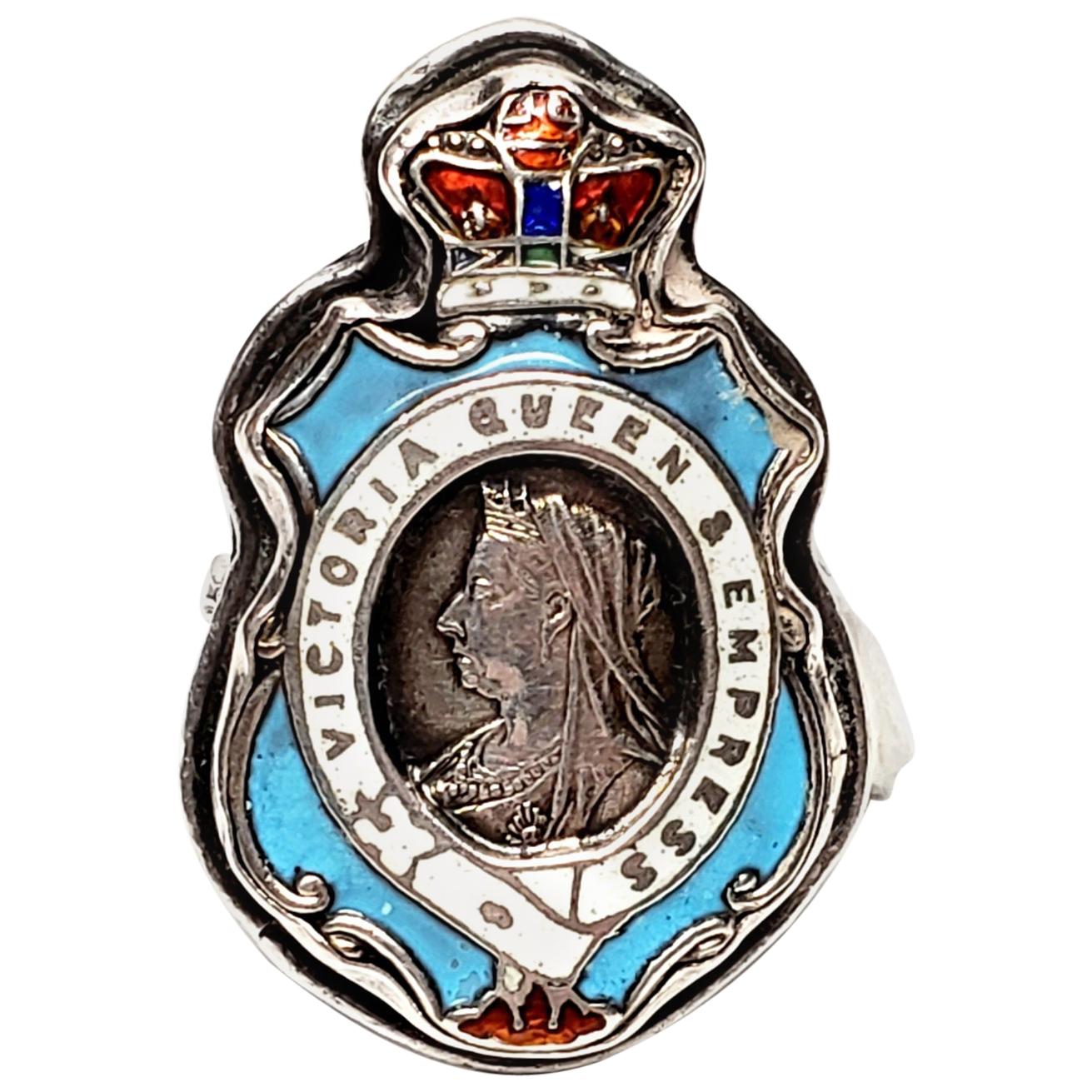 Sterling Silver Enamel Queen Victoria Empress Badge Ring For Sale