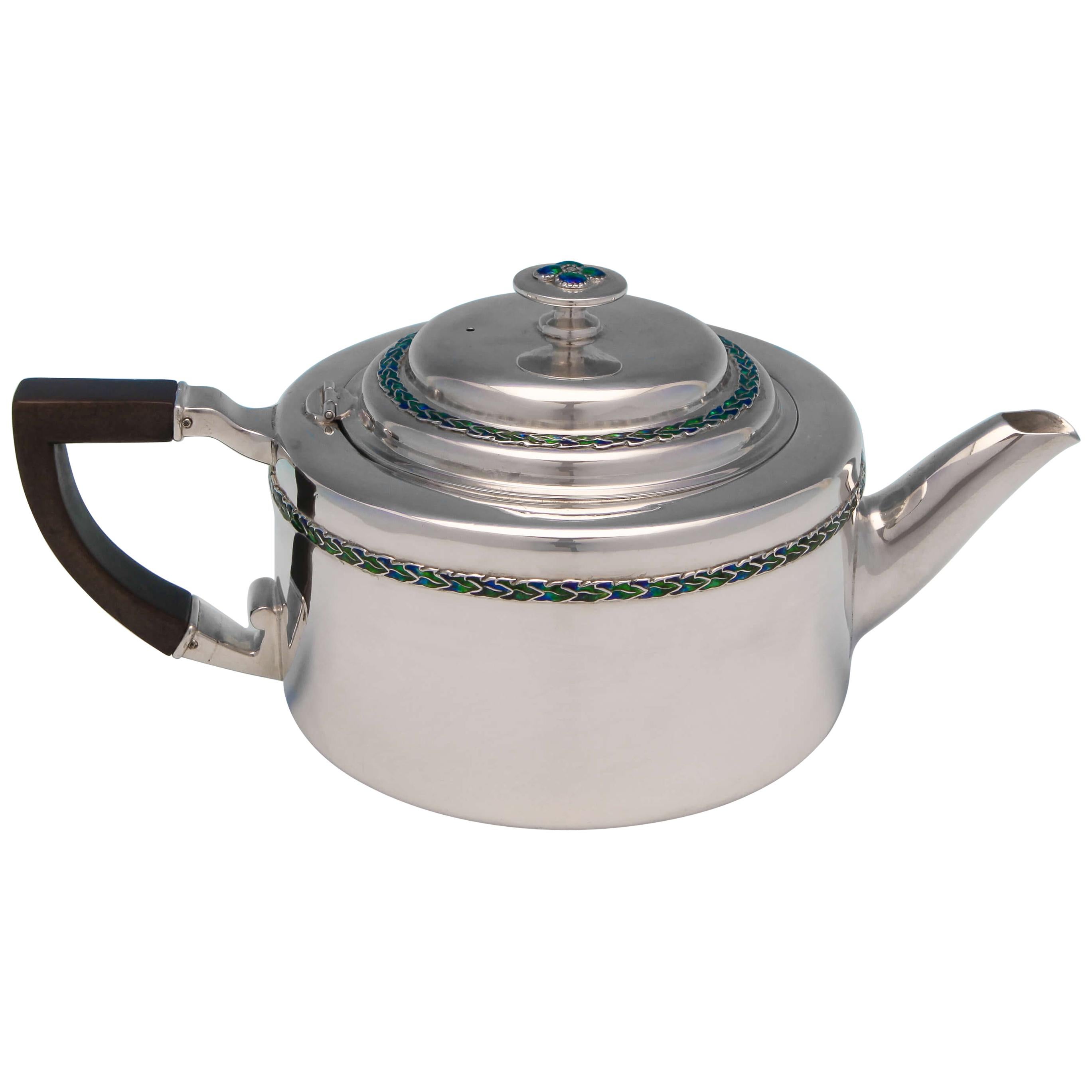 Antique Sterling Silver Enamelled Teapot by Liberty & Co. 1909