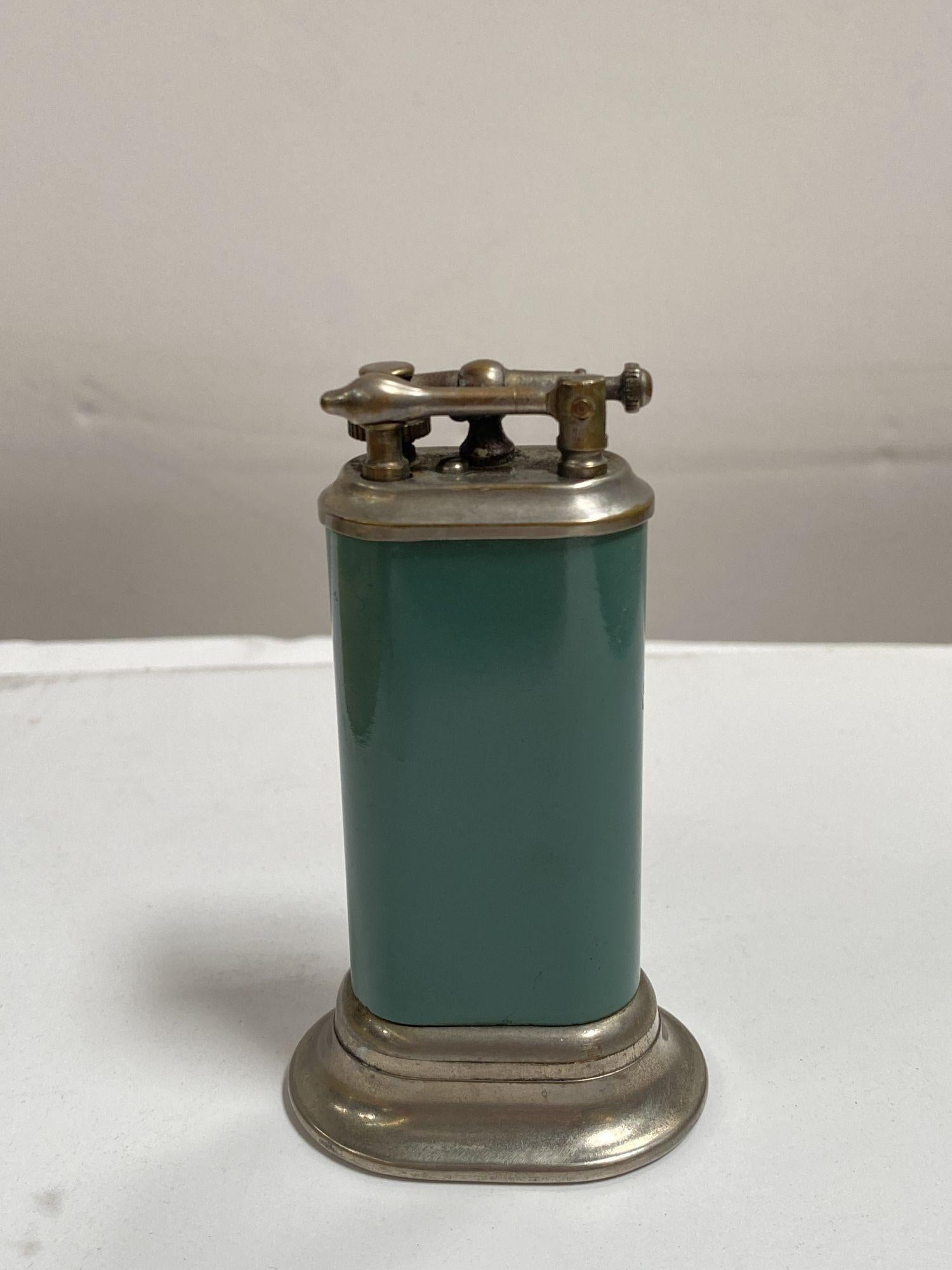 Mid-20th Century Sterling Plate Enamled Jade Green Lift Arm Table Cigarette Lighter by Clark For Sale