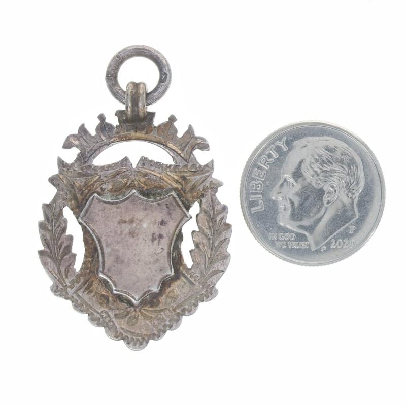 Women's or Men's Sterling Silver Engravable Fob Pendant - 925 Heart Shield Crest Antique England For Sale