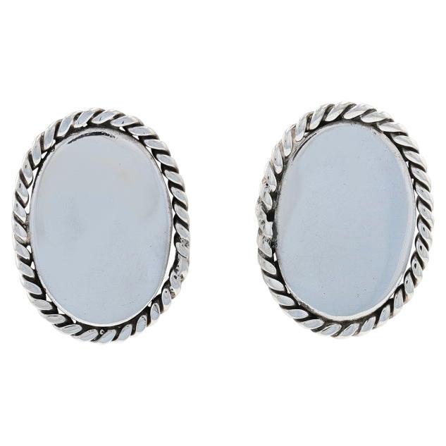 Sterling Silver Engravable Oval Large Stud Earrings - 925 Rope-Textured Pierced For Sale