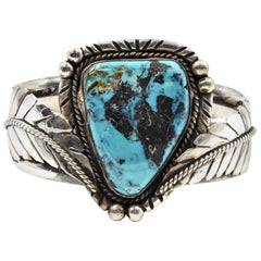 Sterling Silver Engraved Cuff Bracelet with Turquoise Center Stone