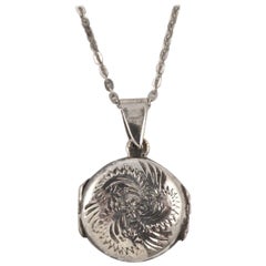 Vintage Sterling Silver Engraved Leaves Double Locket and Chain circa 1960s