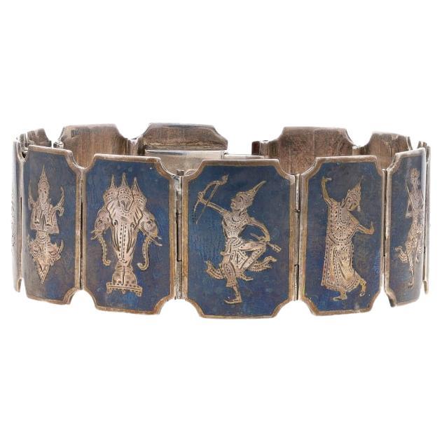 Sterling Silver Erawan & Thai Deities Niello Panel Bracelet 7" - 925 For Sale