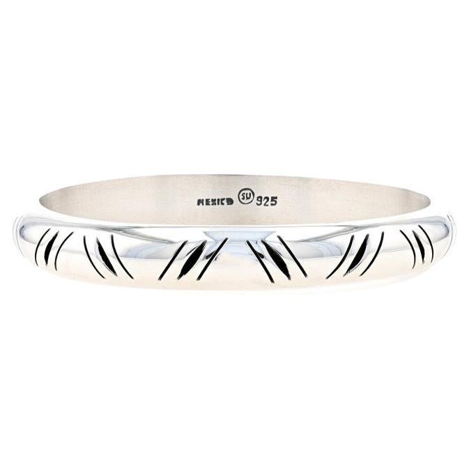 Sterling Silver Etched Bangle Bracelet 8" - 925 Diagonal Stripes Mexico For Sale