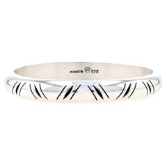Sterling Silver Etched Bangle Bracelet 8" - 925 Diagonal Stripes Mexico