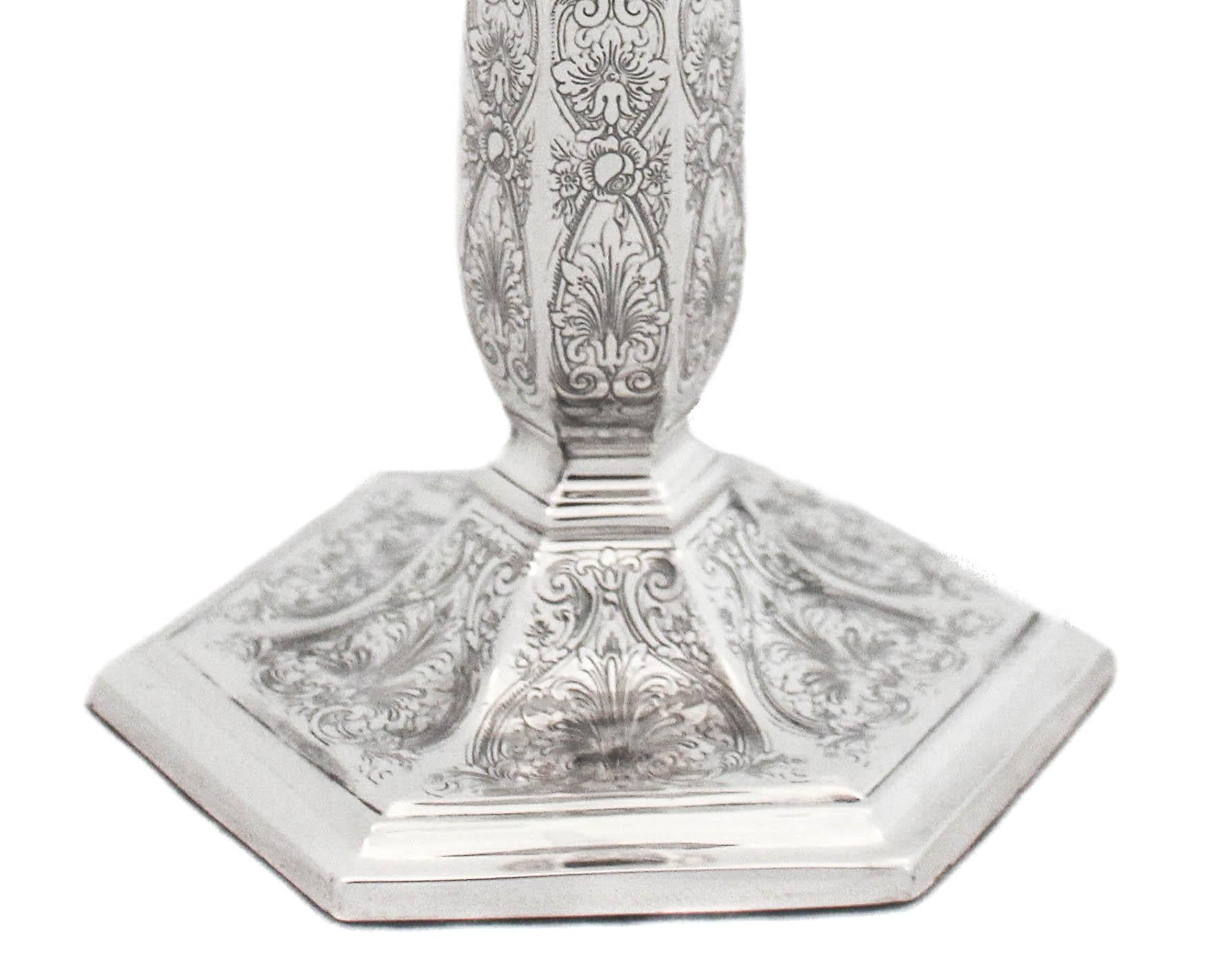 Early 20th Century Sterling Silver Etched Candlesticks For Sale