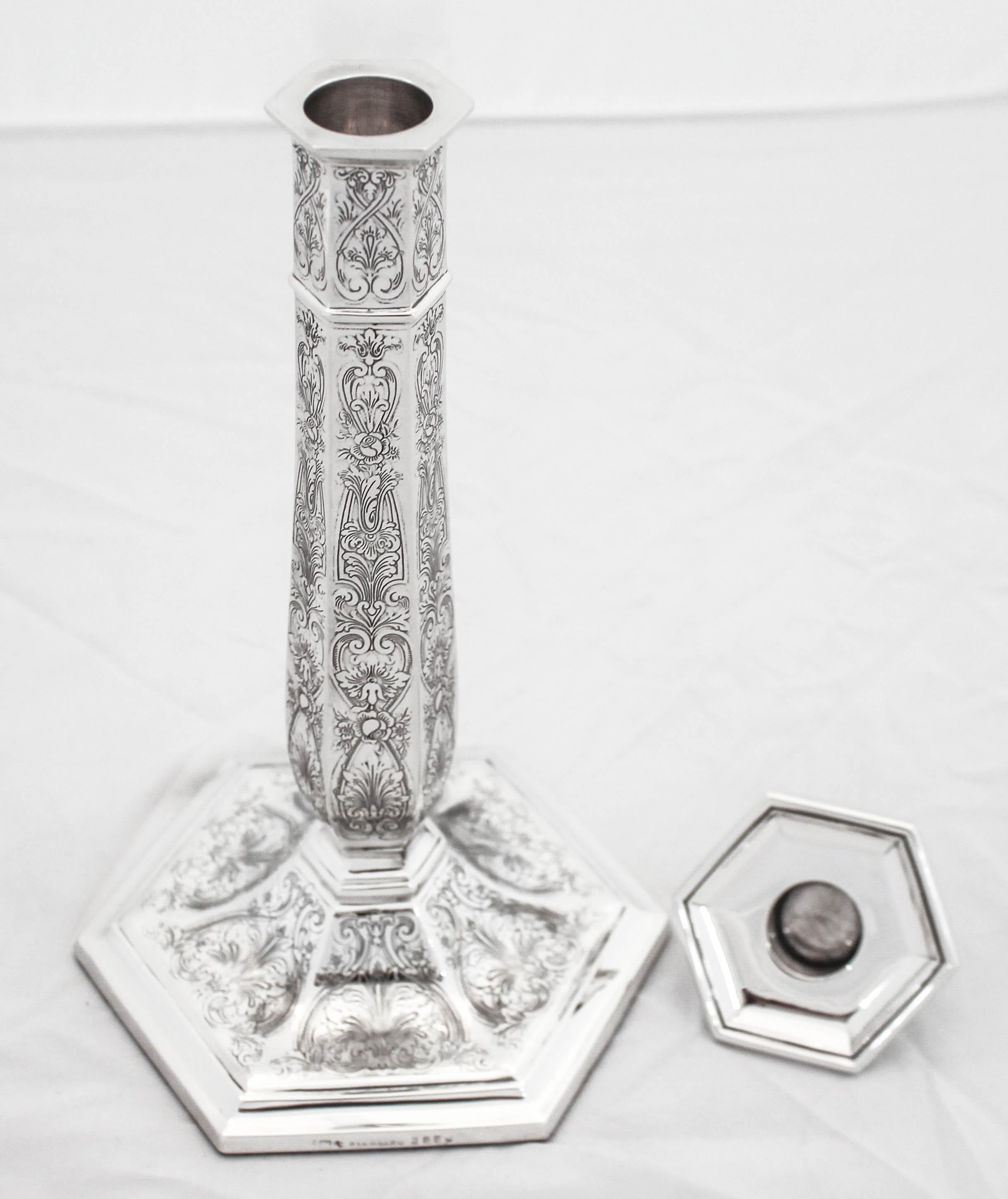 Sterling Silver Etched Candlesticks For Sale 1