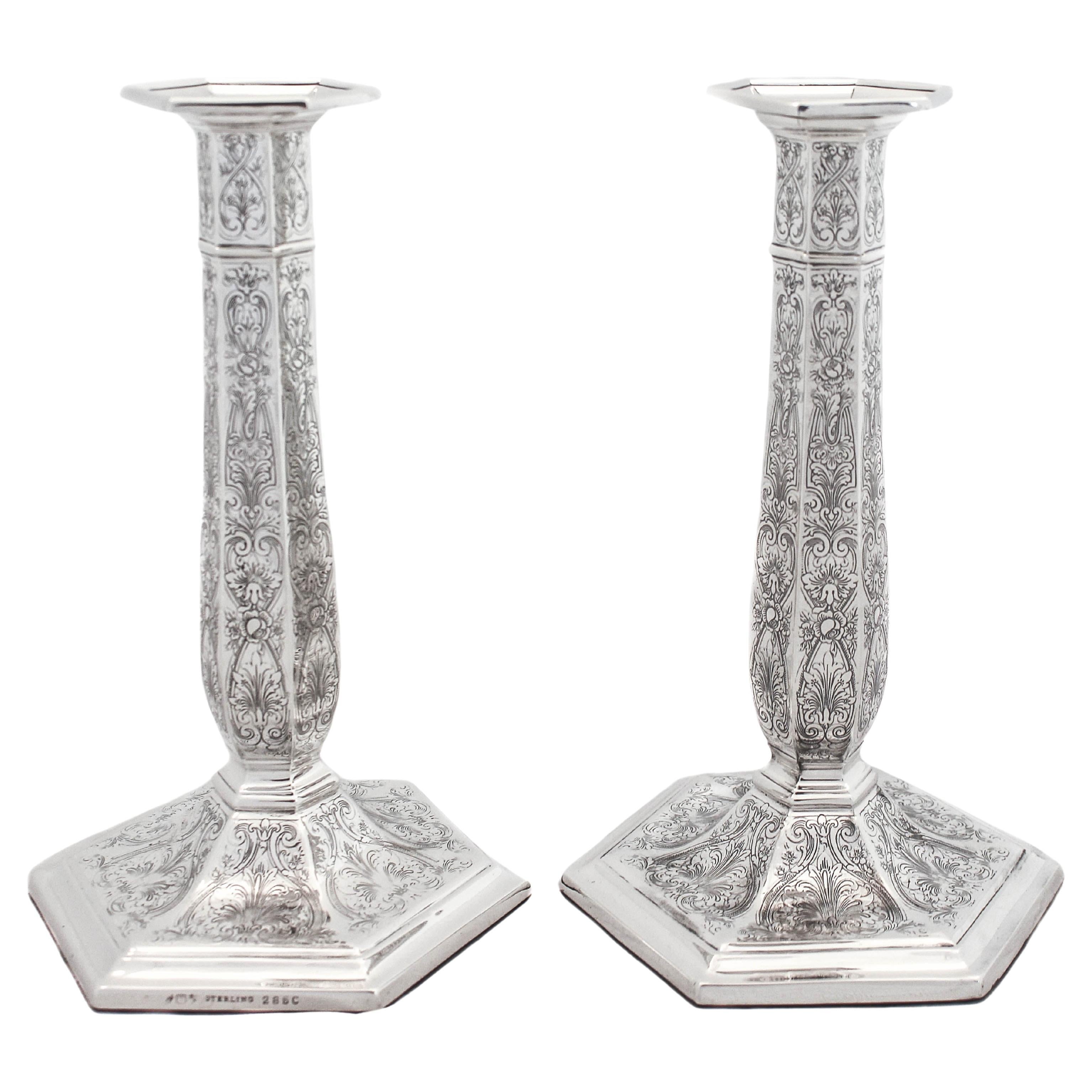 Sterling Silver Etched Candlesticks For Sale