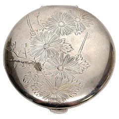 Vintage Sterling Silver Etched Daisy Mirror Compact