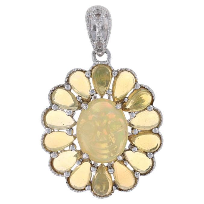 Sterling Silver Ethiopian Opal Celestial Face Halo Pendant - 925 Carved Sun/Moon For Sale