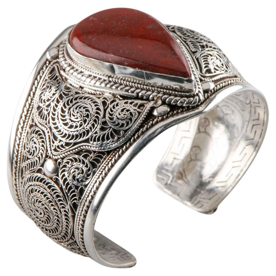 Sterling Silver Extra Wide Cuff Bracelet with Orange Jasper, Size 6