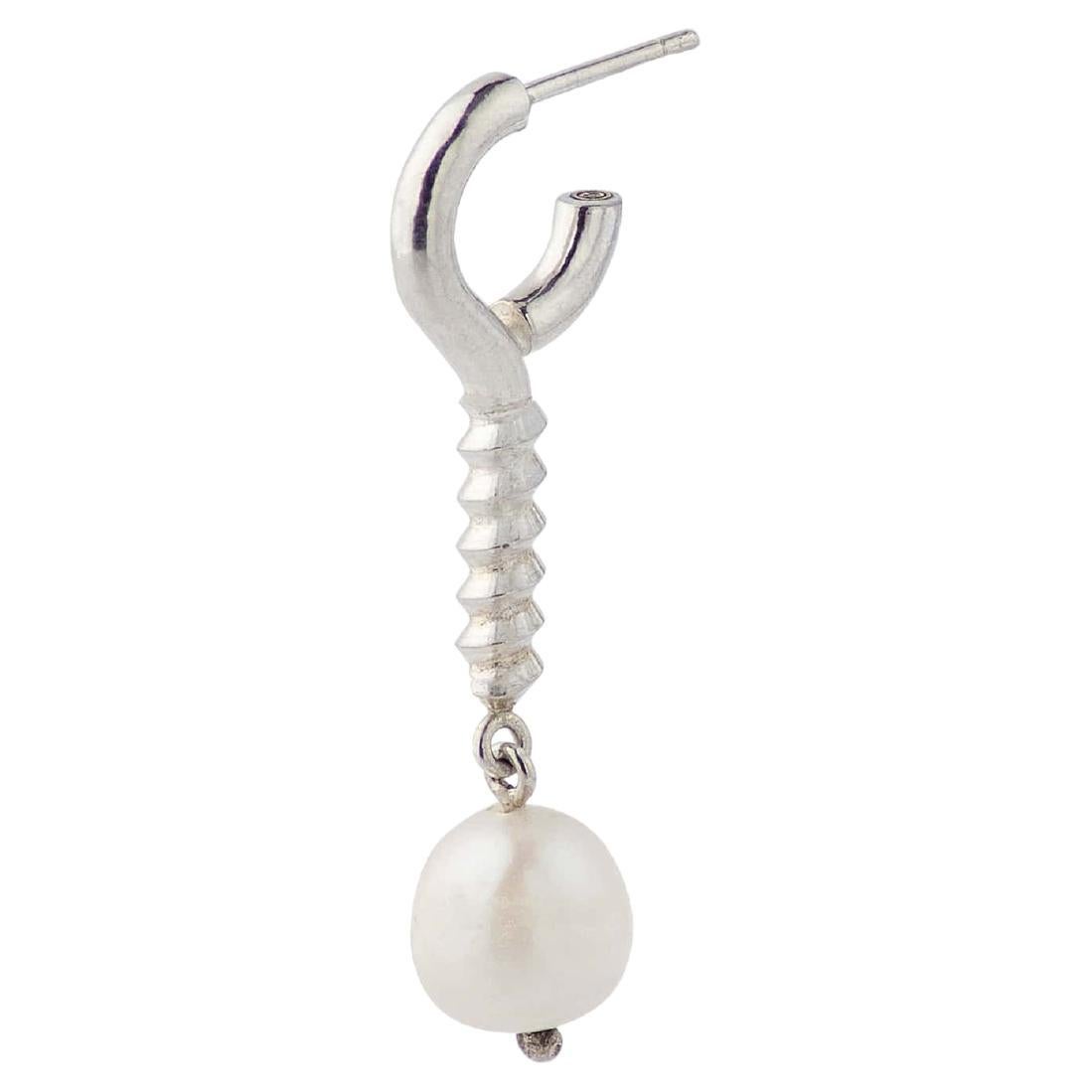 Sterling Silver Eye Hook Shape Individual Earring with Hanging Freshwate Pearl For Sale