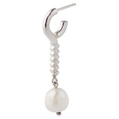 Sterling Silver Eye Hook Shape Individual Earring with Hanging Freshwate Pearl