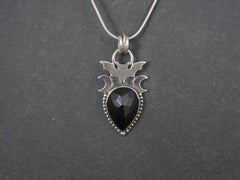 Sterling Silver Faceted Onyx Bat Crescent Moon Pendant Necklace