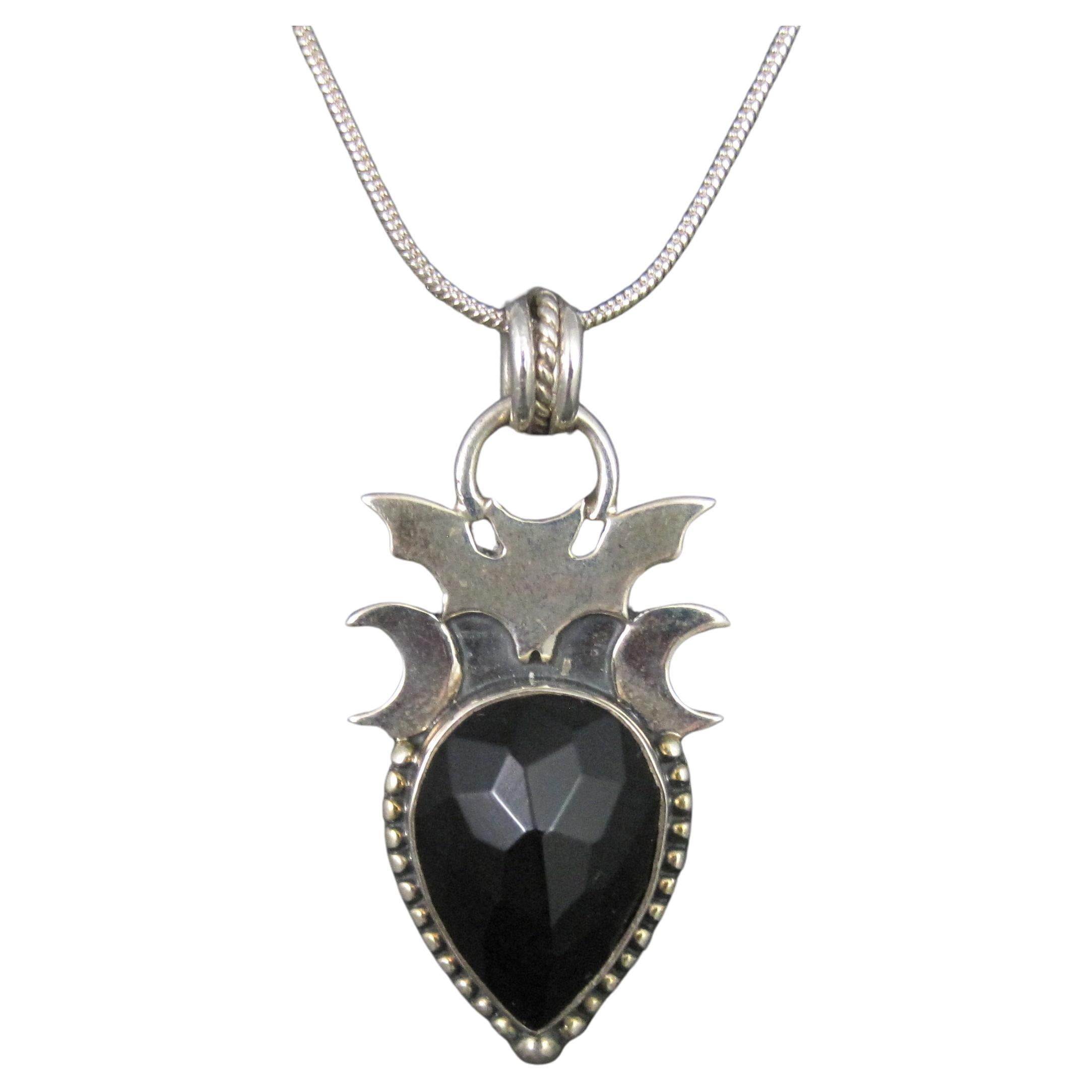 Sterling Silber Facettierte Onyx Fledermaus Mondsichel Anhänger Halskette