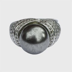 Sterling Silver Faux Pearl Cocktail Ring with Clear and Blue Rhinestones