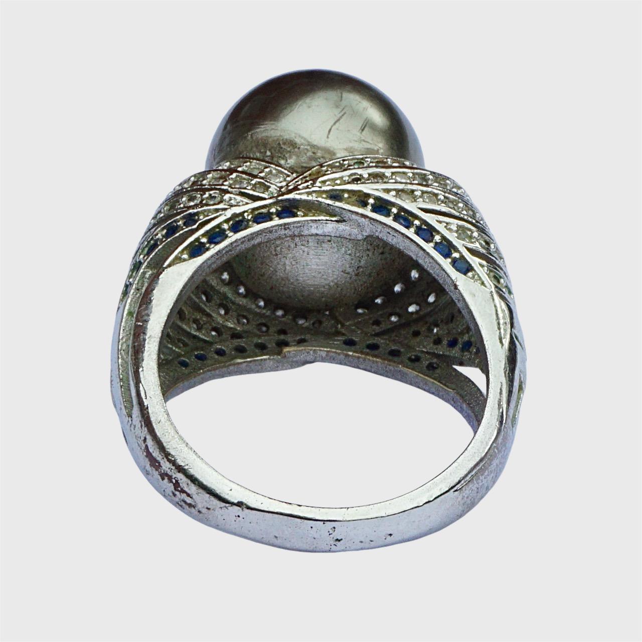 da uomo o donna Anello da cocktail in argento sterling con perle finte e strass blu e trasparenti in vendita