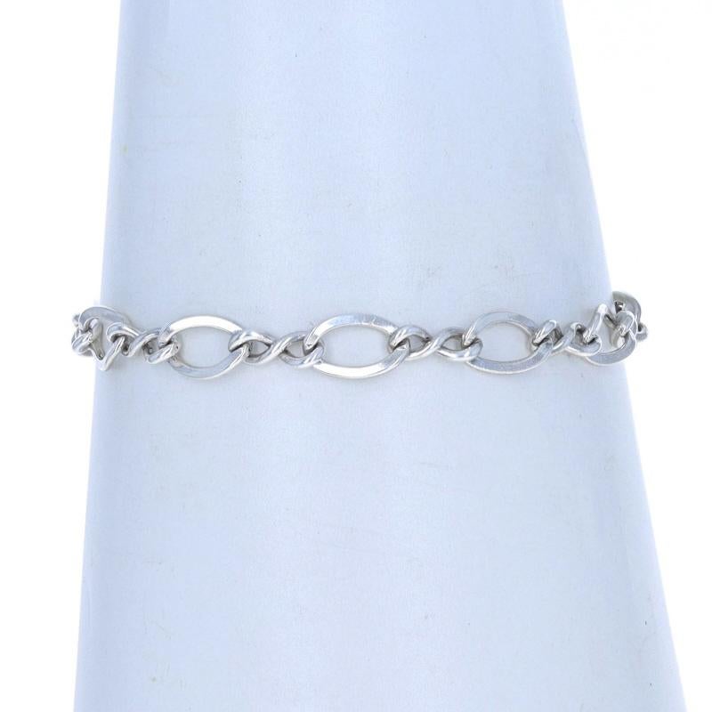 Metal Content: Sterling Silver

Chain Style: Figure 8
Bracelet Style: Chain
Fastening Type: Spring Ring Clasp

Measurements

Length: 7 1/4