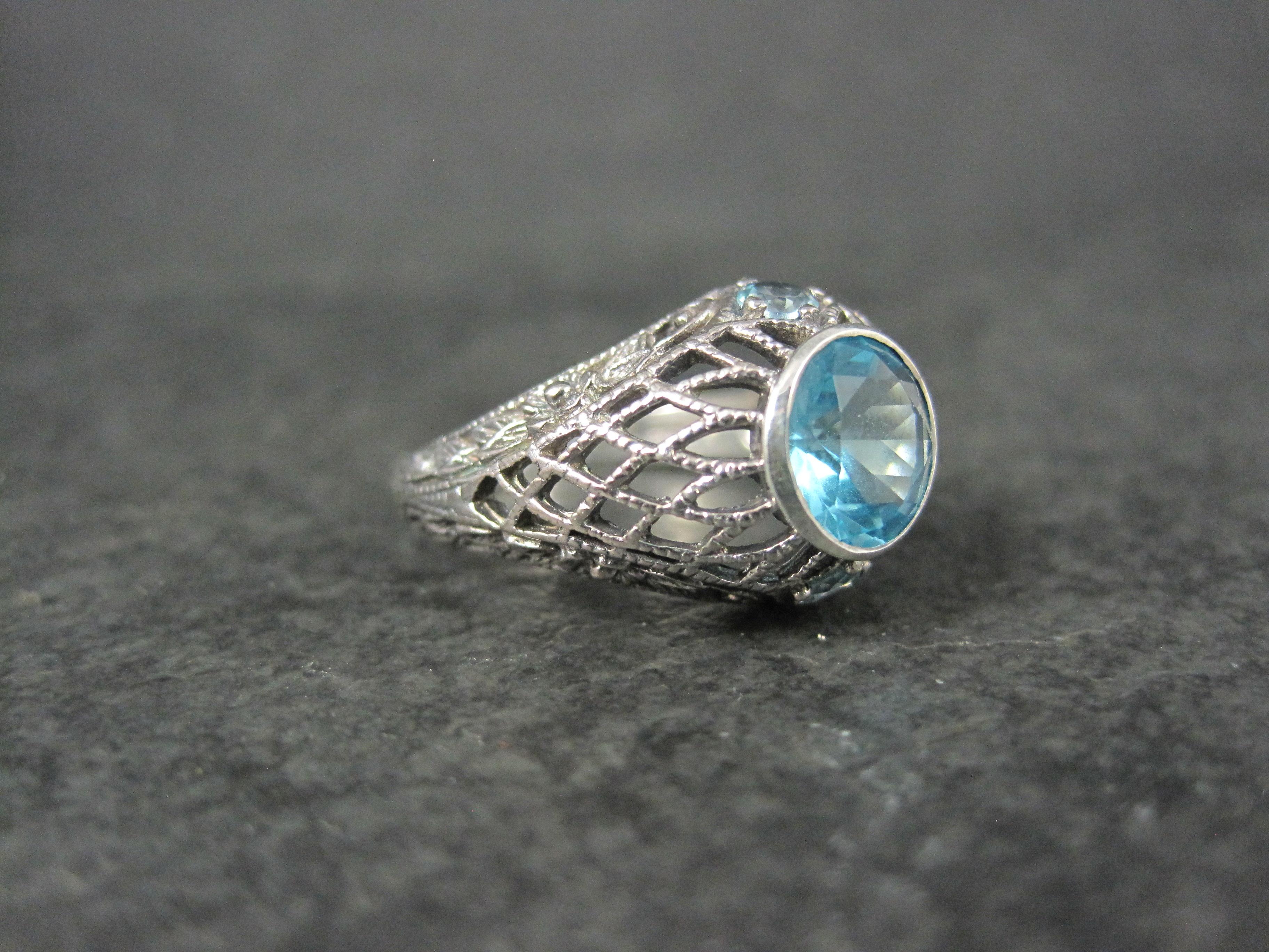Art Deco Sterling Silver Filigree Blue Tourmaline Ring Size 7 For Sale