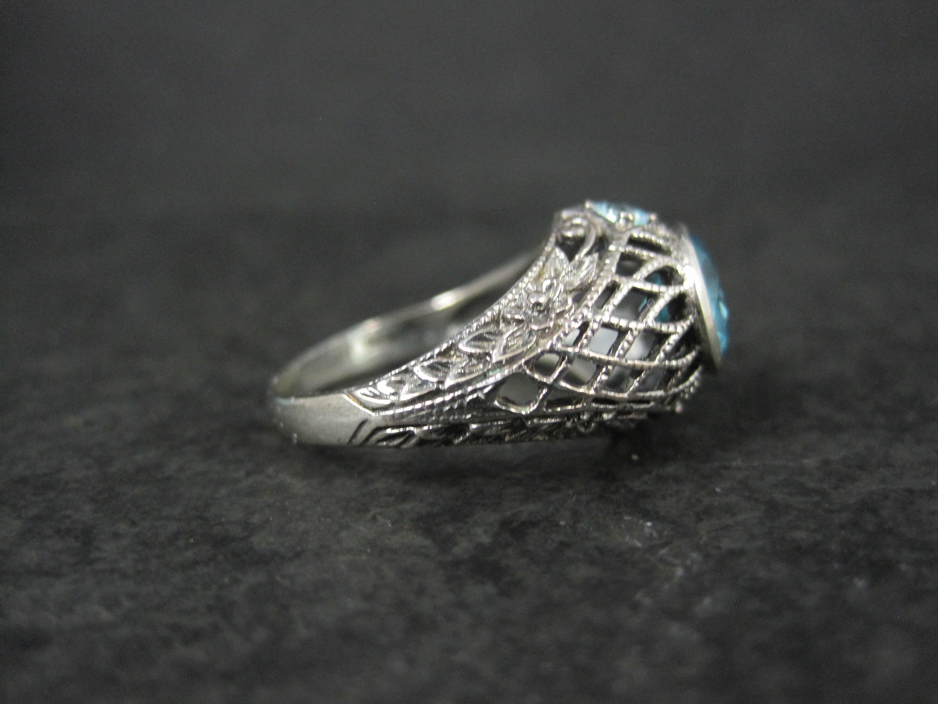 Round Cut Sterling Silver Filigree Blue Tourmaline Ring Size 7 For Sale