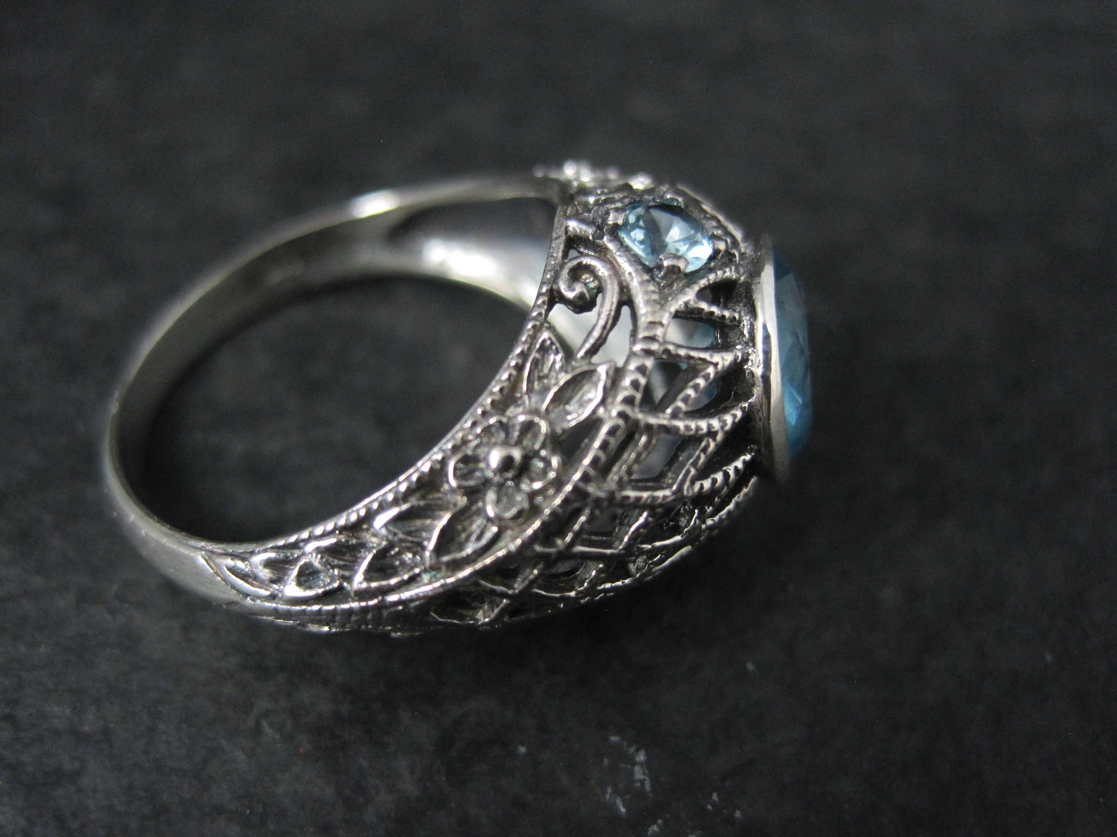 Women's Sterling Silver Filigree Blue Tourmaline Ring Size 7 For Sale