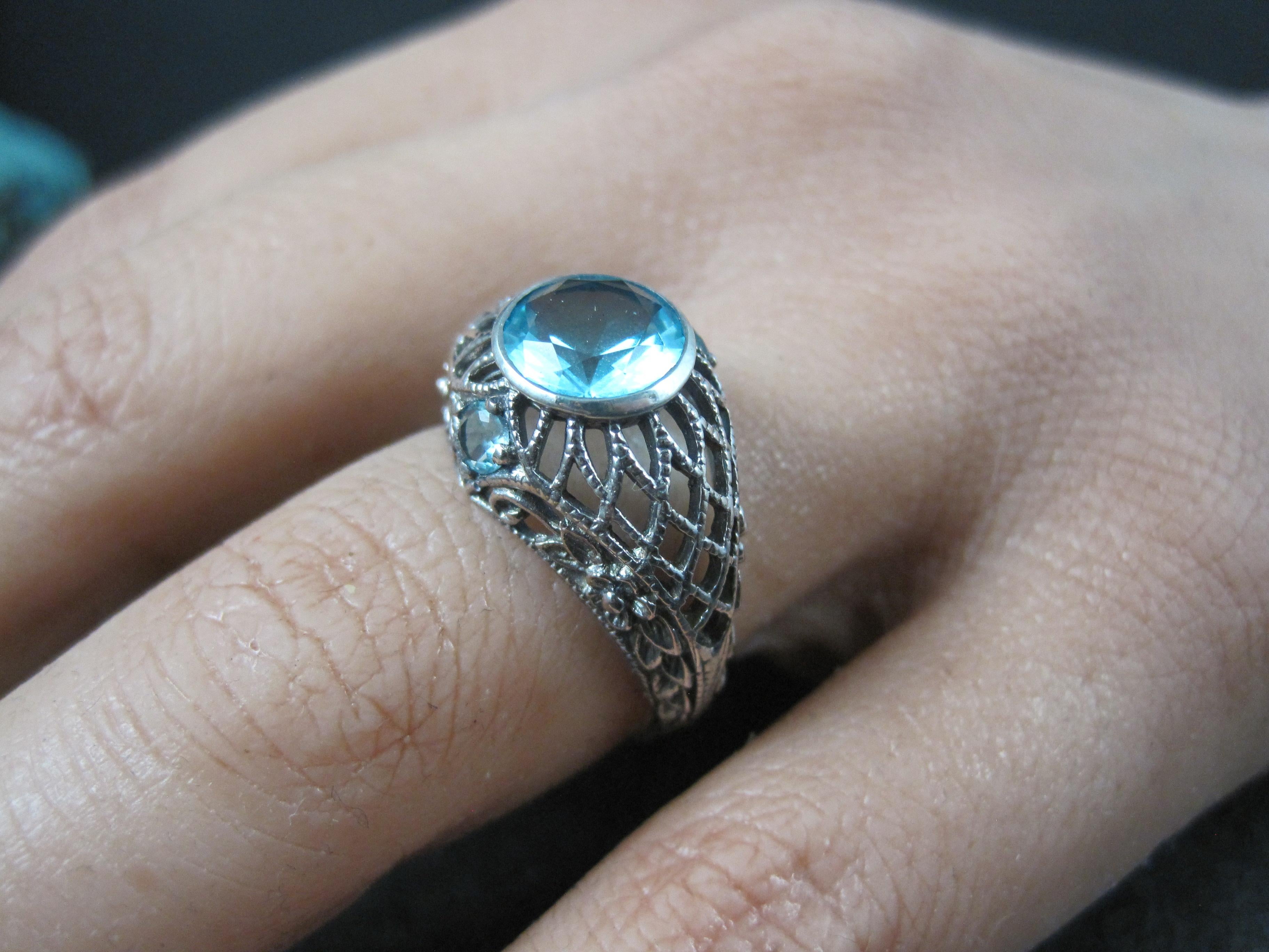 Sterling Silver Filigree Blue Tourmaline Ring Size 7 For Sale 3