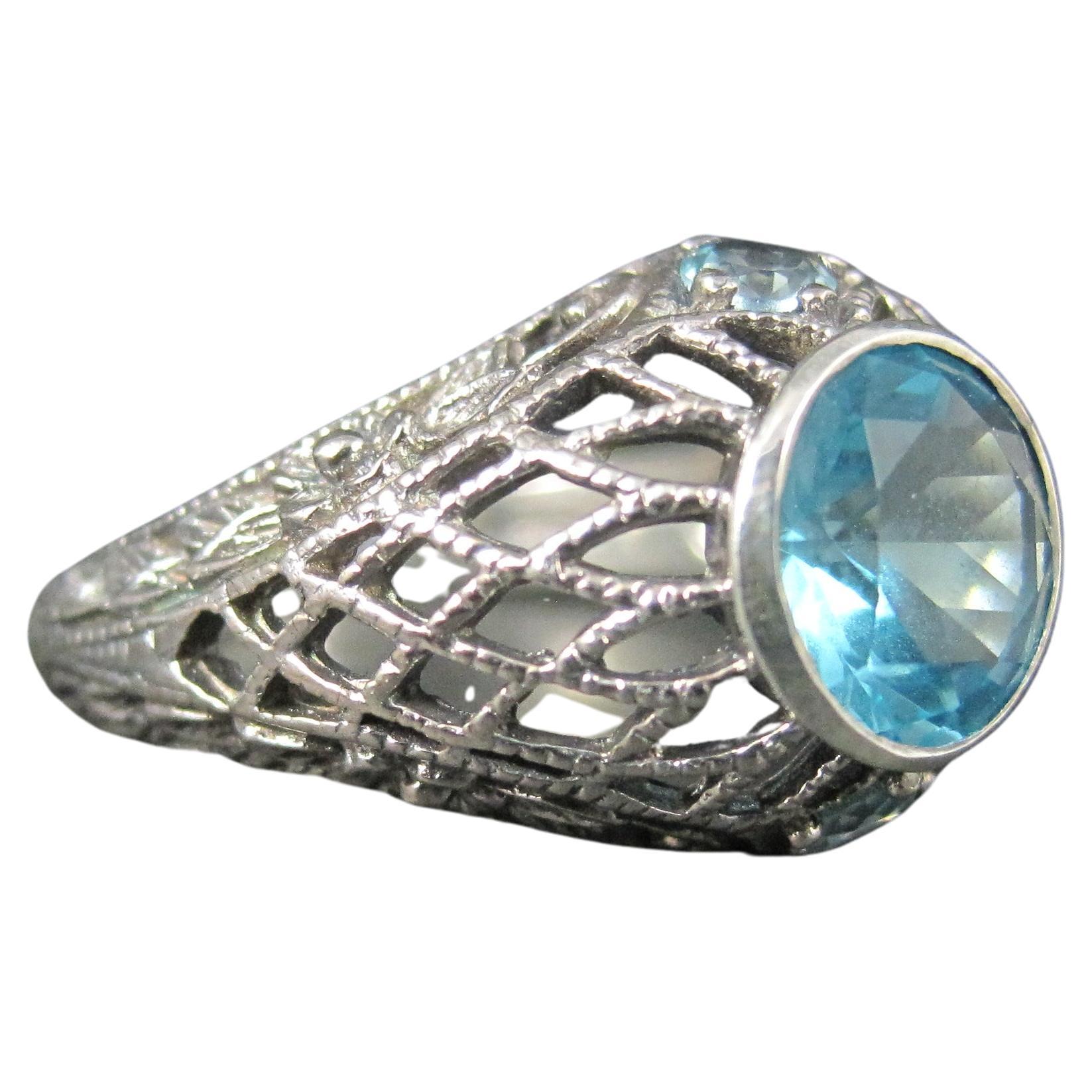 Sterling Silver Filigree Blue Tourmaline Ring Size 7 For Sale