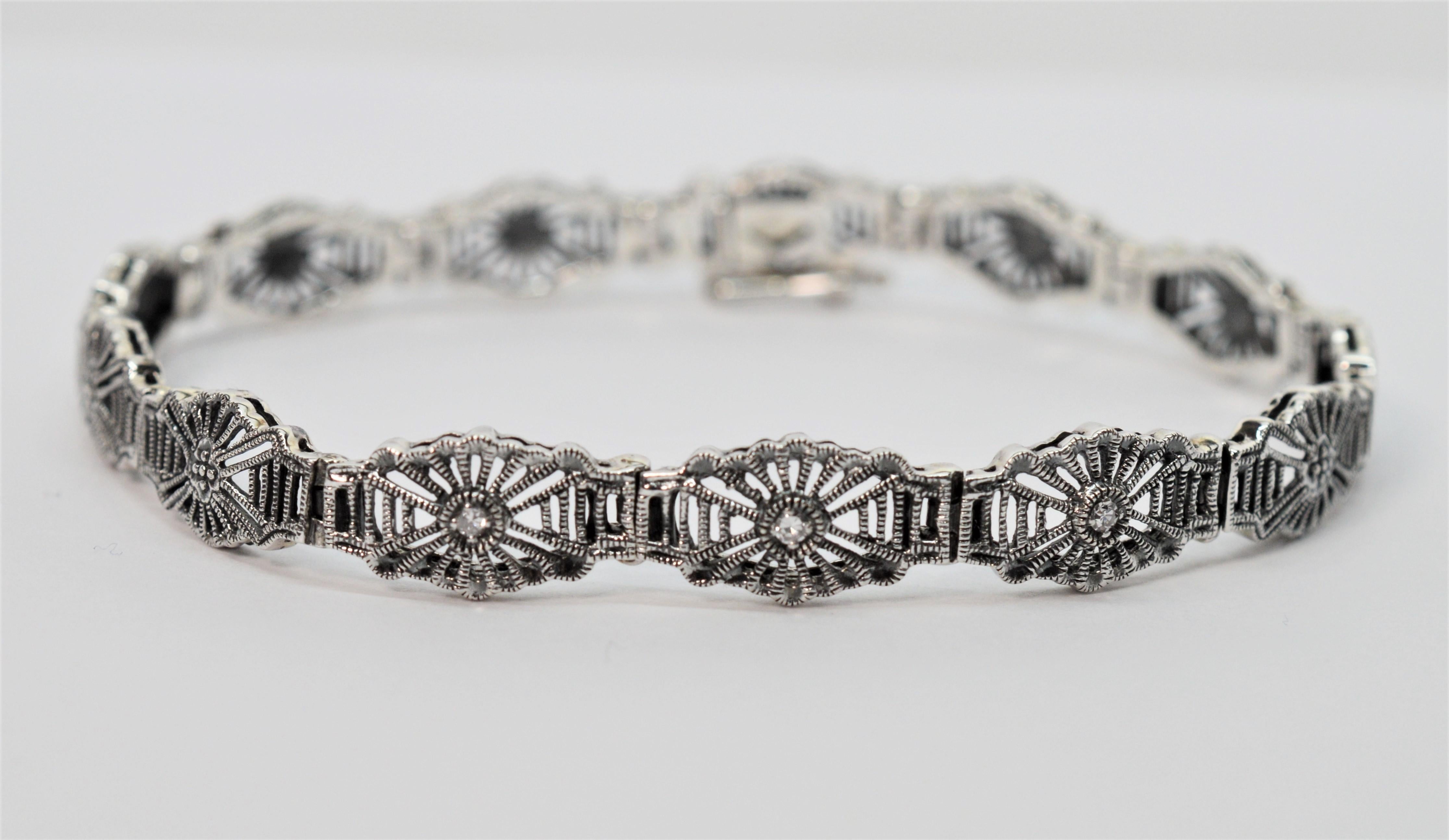 Art Deco Sterling Silver Filigree Bracelet with Diamond Accents