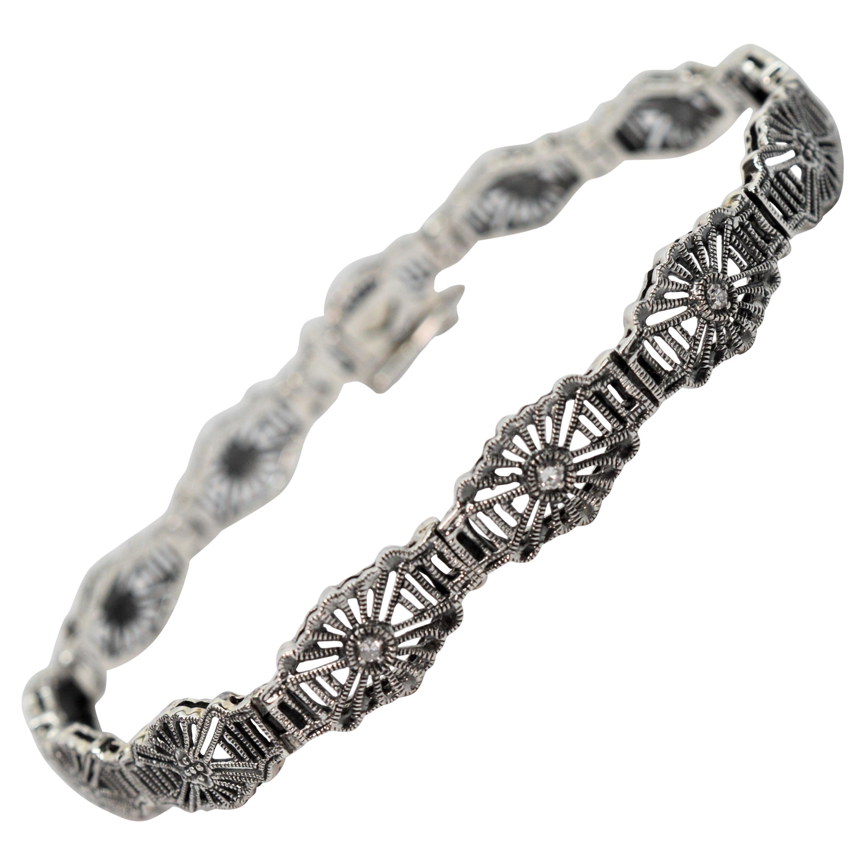 Sterling Silver Filigree Bracelet with Diamond Accents
