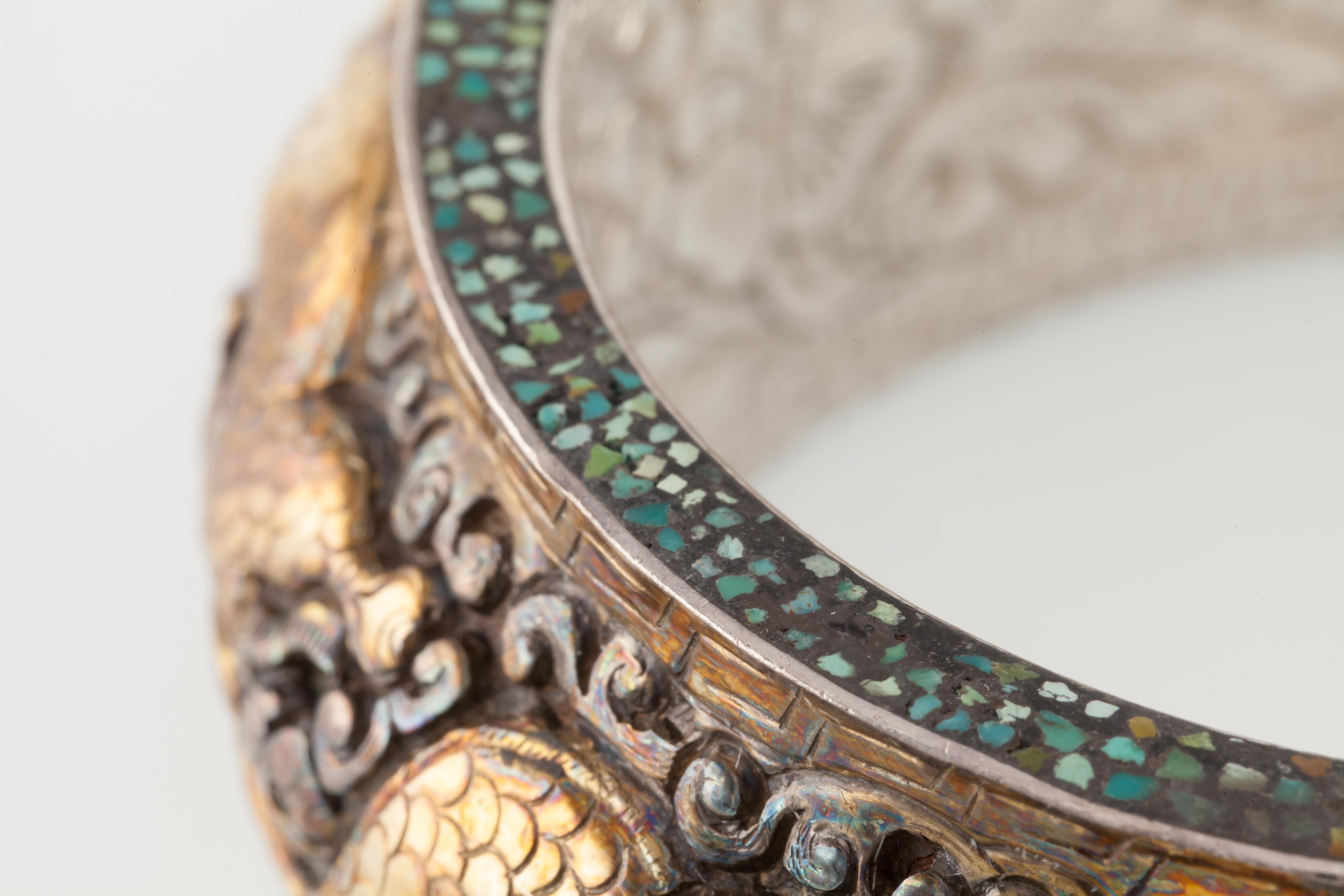 Sterling Silver Fire Breathing Dragons Bangle Bracelet, Size 7.5 In Good Condition For Sale In Van Nuys, CA