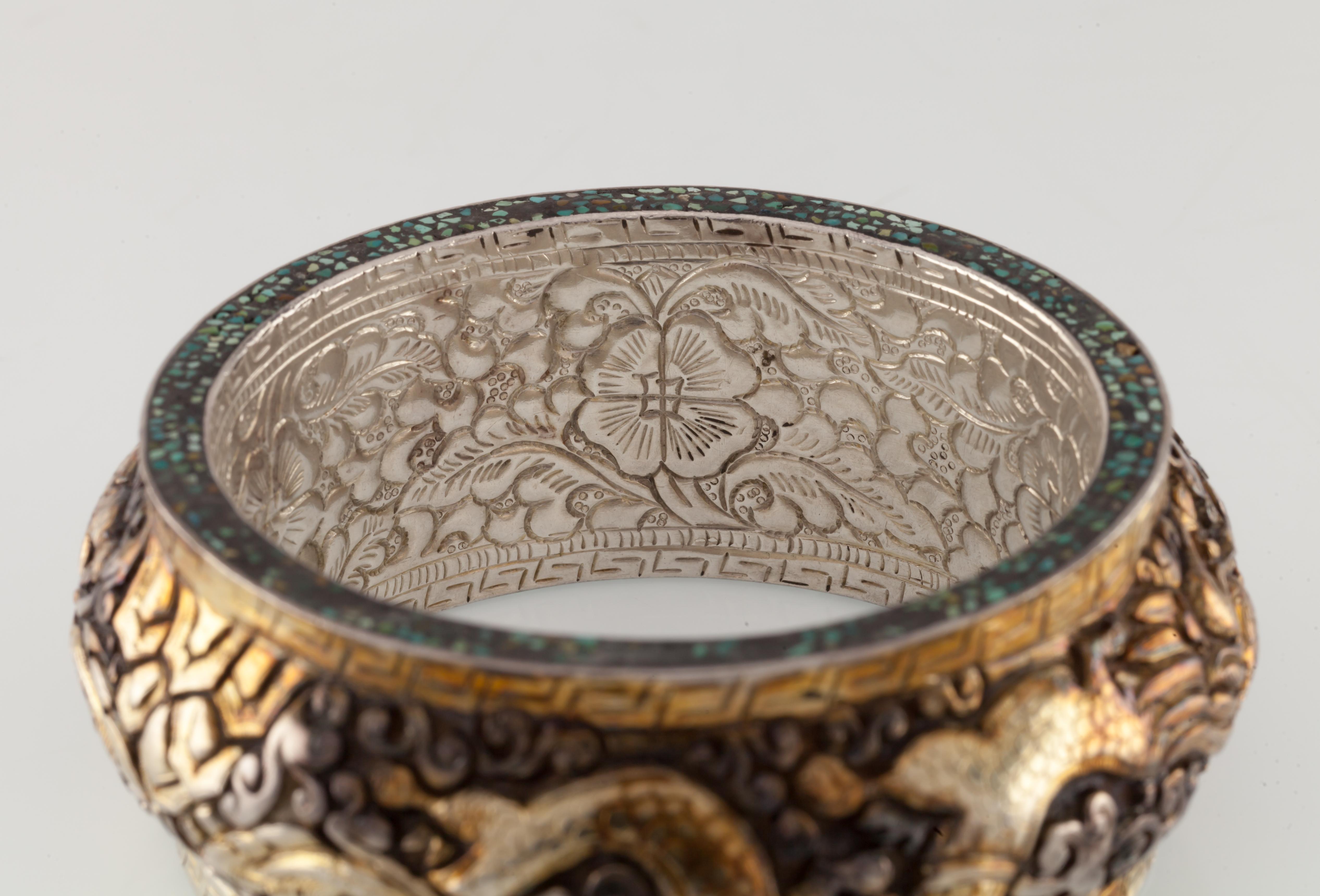 Women's or Men's Sterling Silver Fire Breathing Dragons Bangle Bracelet, Size 7.5 For Sale