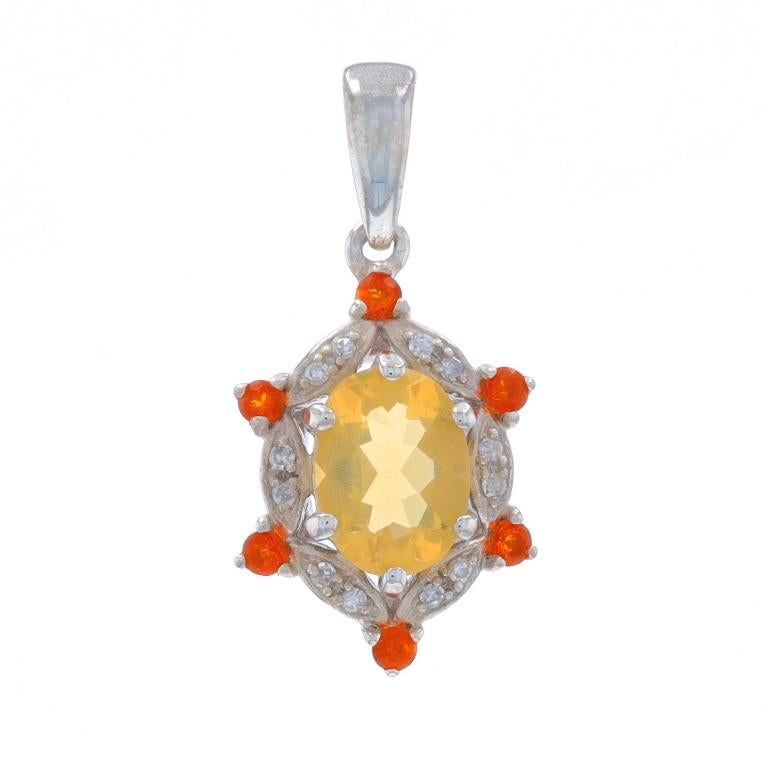 Metal Content: Sterling Silver

Stone Information

Natural Fire Opals
Cut: Oval & Round
Color: Yellow & Orange

Natural Diamonds
Cut: Single

Style: Halo
Chain Style: Flat Cable
Necklace Style: Chain Station

Measurements

Tall (from stationary