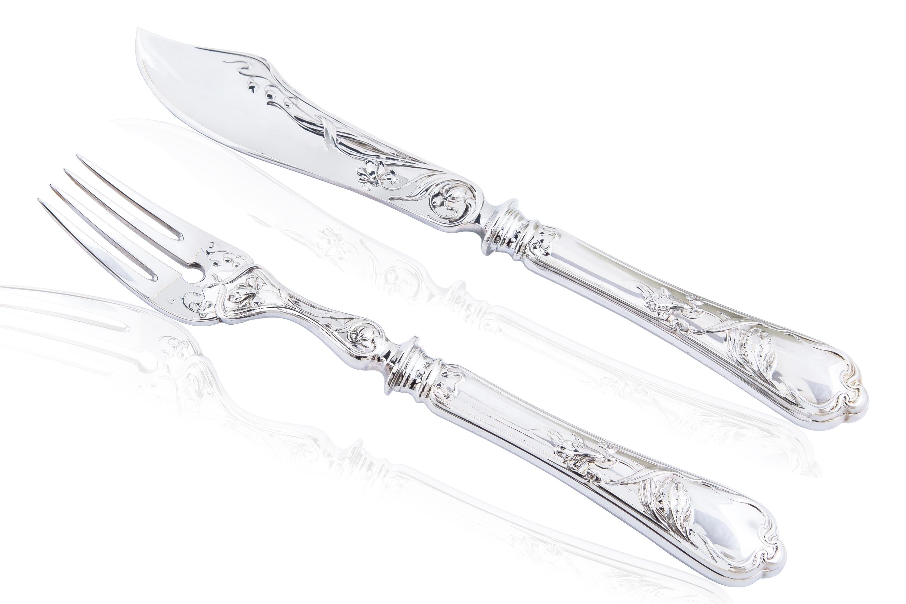 Art Nouveau Sterling Silver Fish Cutlery Set For Sale