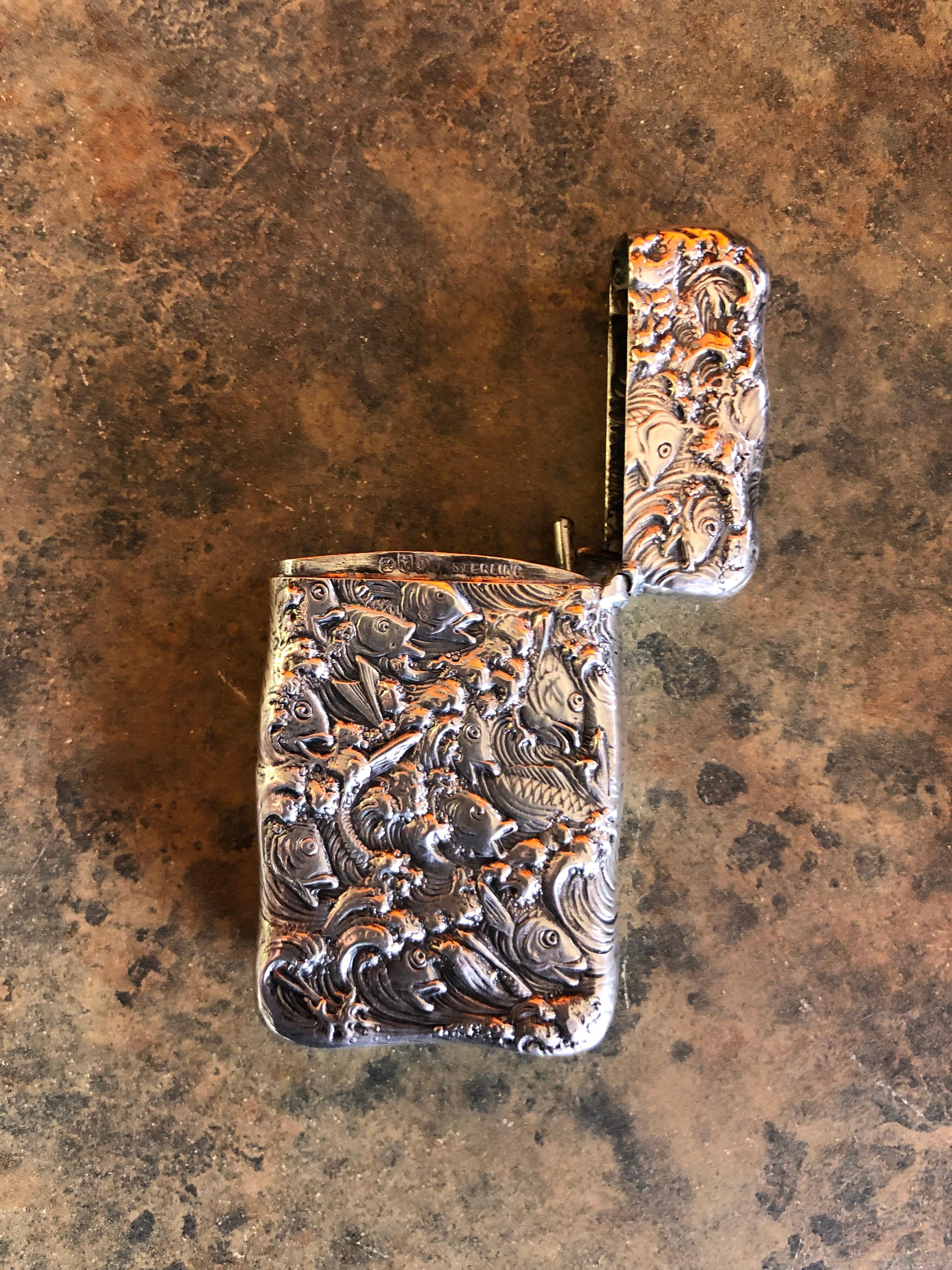 Sterling Silver Fish Pattern Repousse Match Safe / Vesta In Good Condition In San Diego, CA