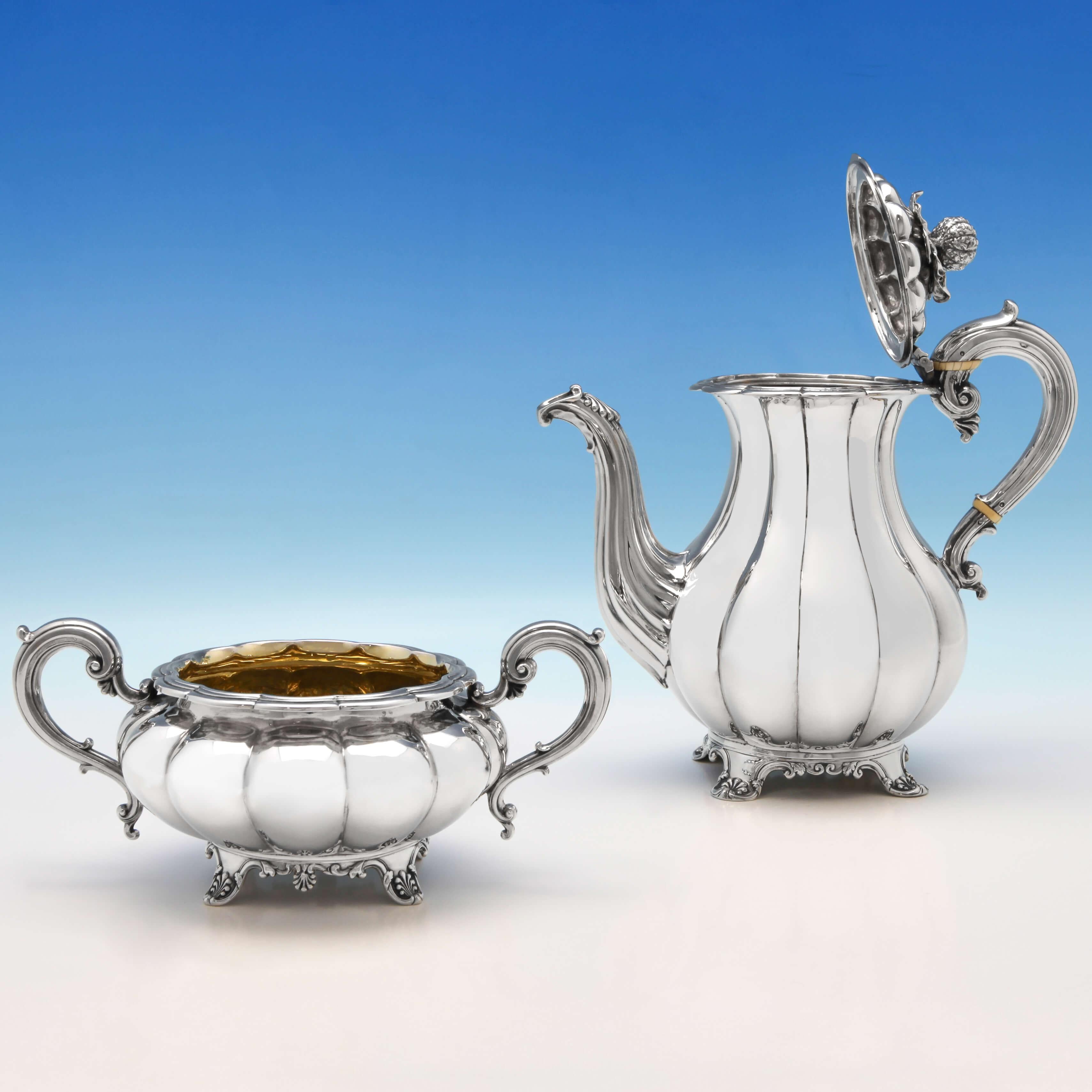 Melon Design Antique Sterling Silver Five-Piece Tea and Coffee Set by Barnards In Good Condition In London, London