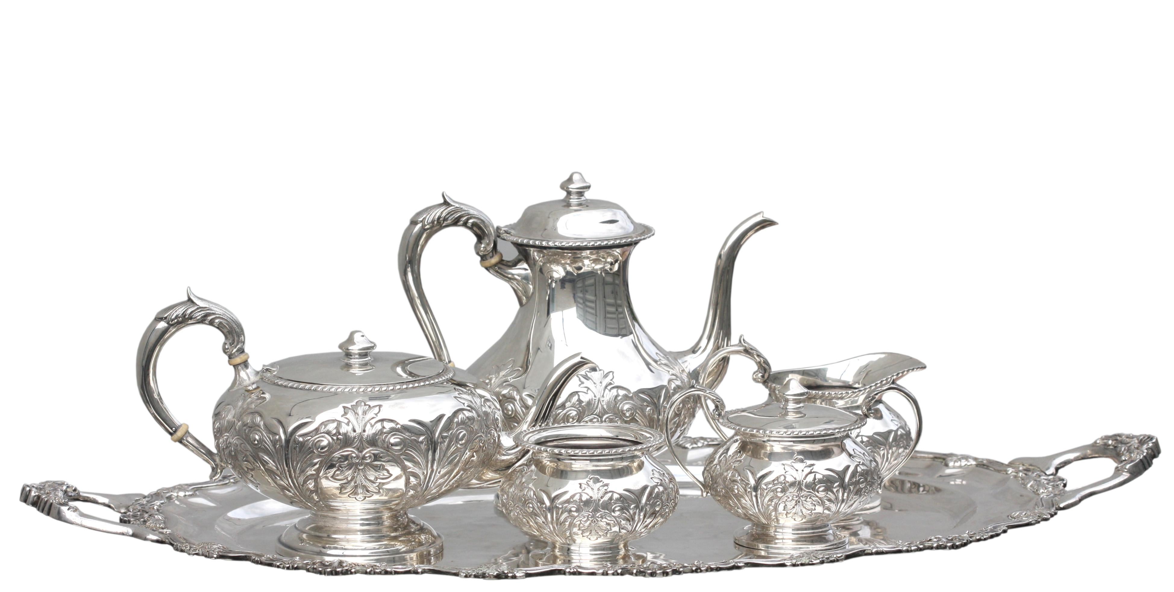 20th Century Sterling Silver Five-Piece Tea Service with Sterling Tray, Mexican For Sale