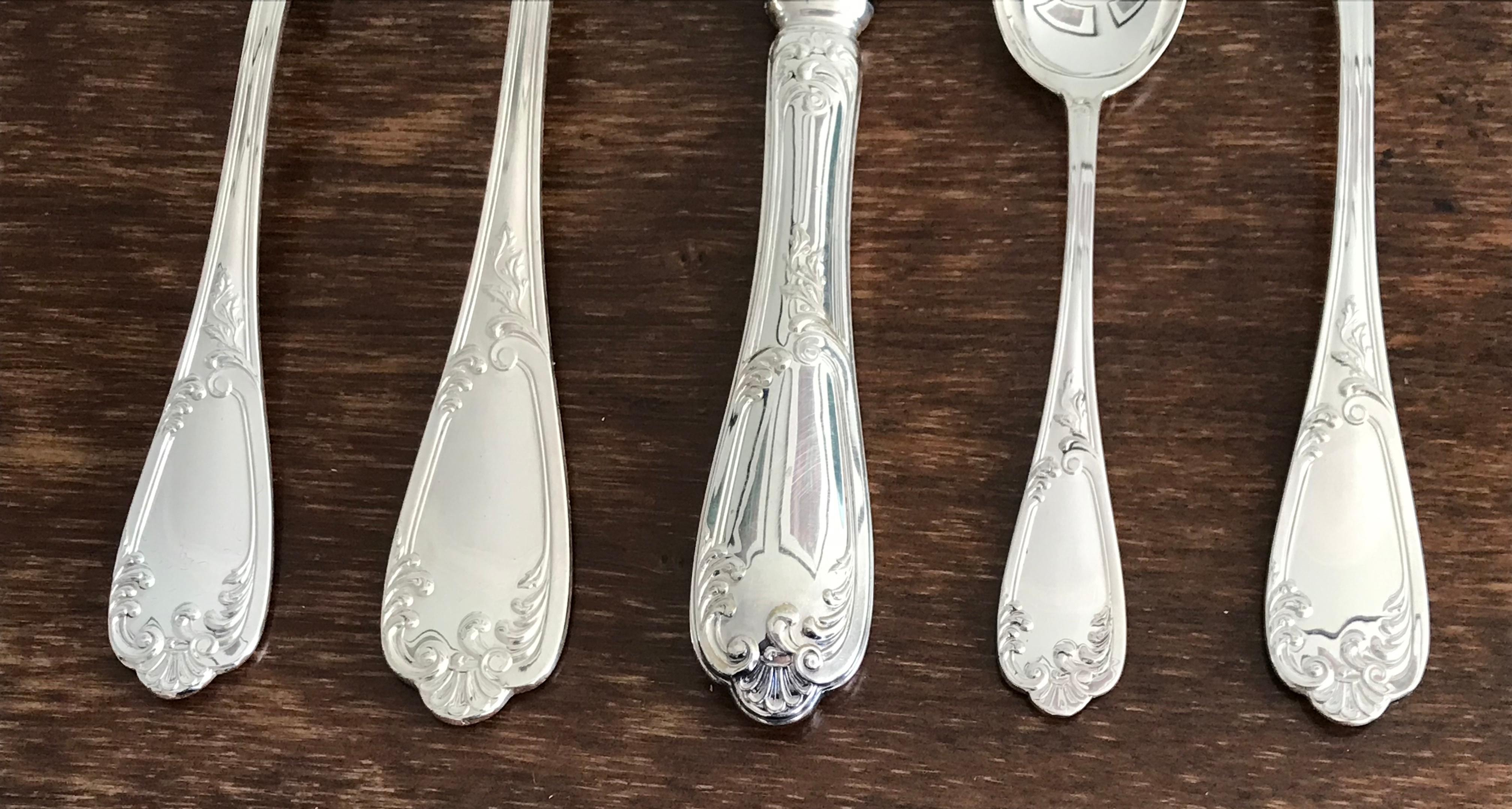Sixty pieces in total, setting for twelve consists of dinner fork, salad fork, dinner knife, teaspoon and soup spoon. Slightly used, circa 2001.

The revolutionary style and character of Michael C. Fina flatware comes from collaborations with