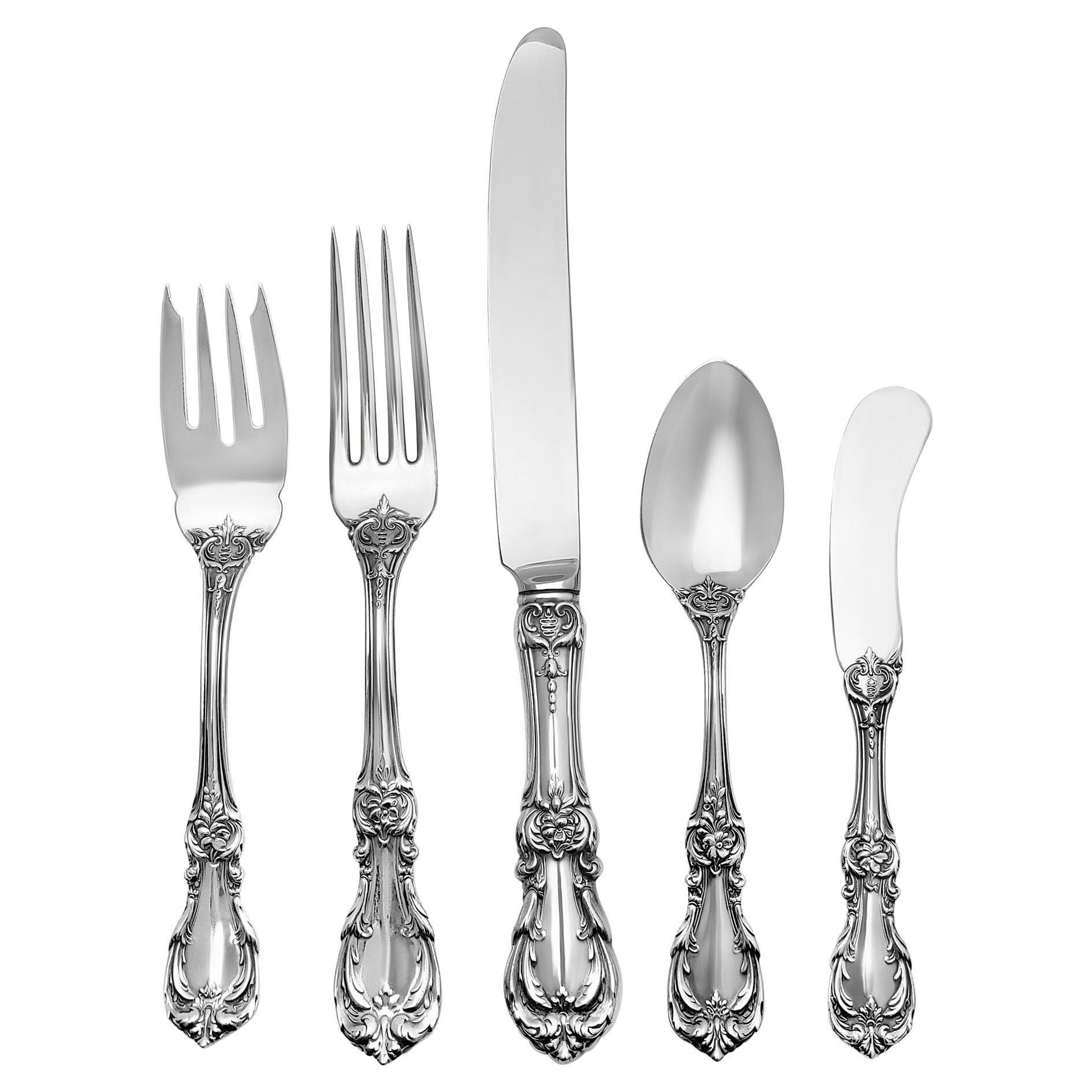 Sterling Silver Flatware Set Burgundy, Ptd in 1949 by Reed & Barton, 5 Place Set For Sale