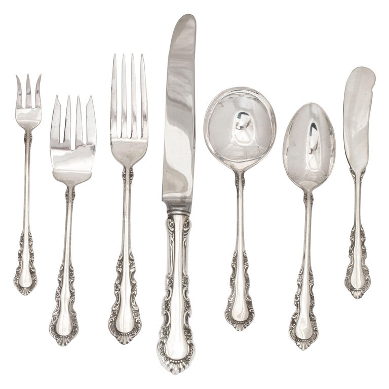 Sterling silver flatware set, in wood flatware box, service for 12, Reed and Barton, Taunton, Mass., circa 1941, Georgian Rose - pattern. The set consists of: 12 dinner forks, 12 salad forks (which can be used for dessert, cake, etc.), 12 dinner