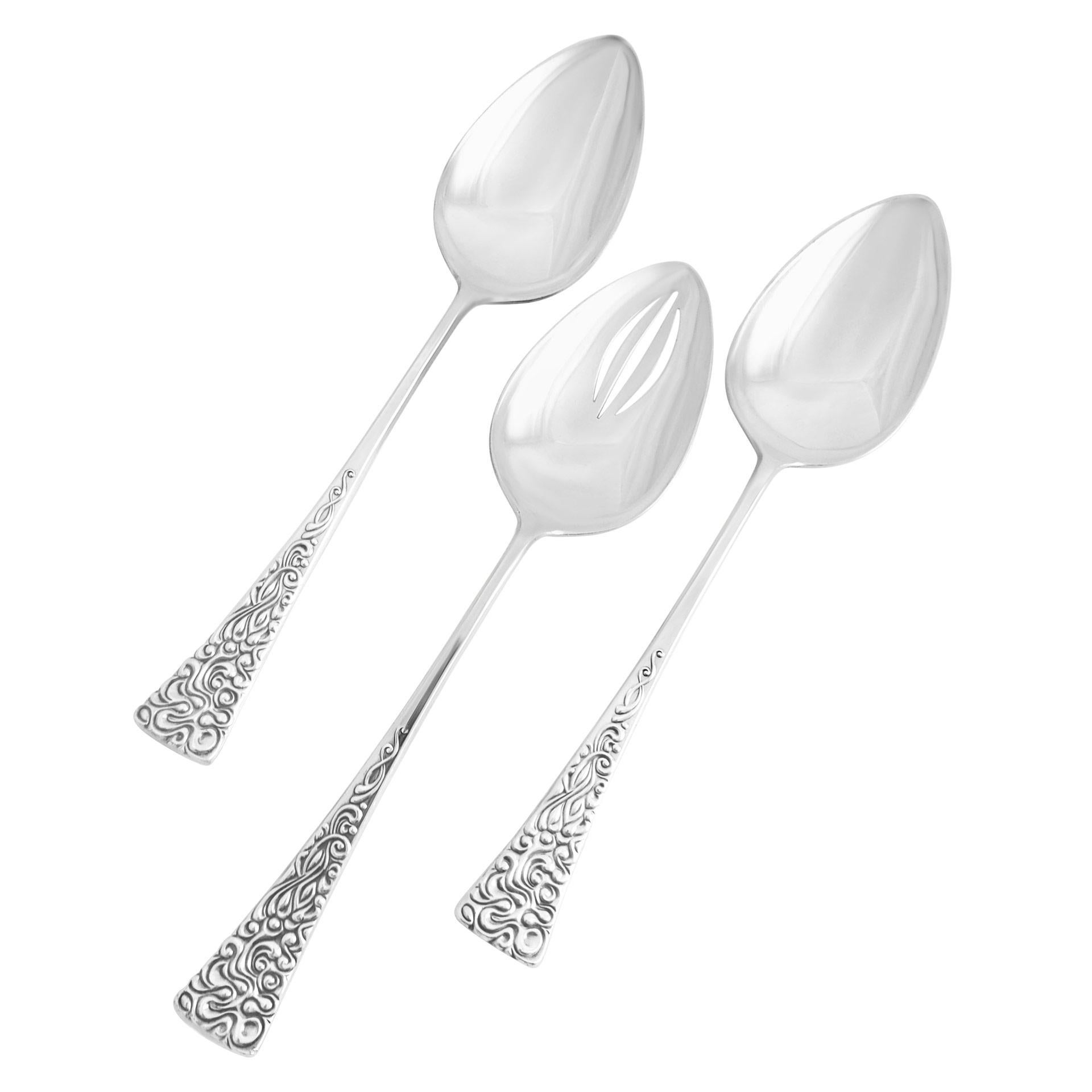 TAPESTRY Sterling Silver Flarware Set by Reed & Barton, patented in 1964. 7 place settings for 12 with 4 serving pieces. Over 3000 grams sterling silver. PLACE SETTINGS: 12 dinner knives (9 1/4