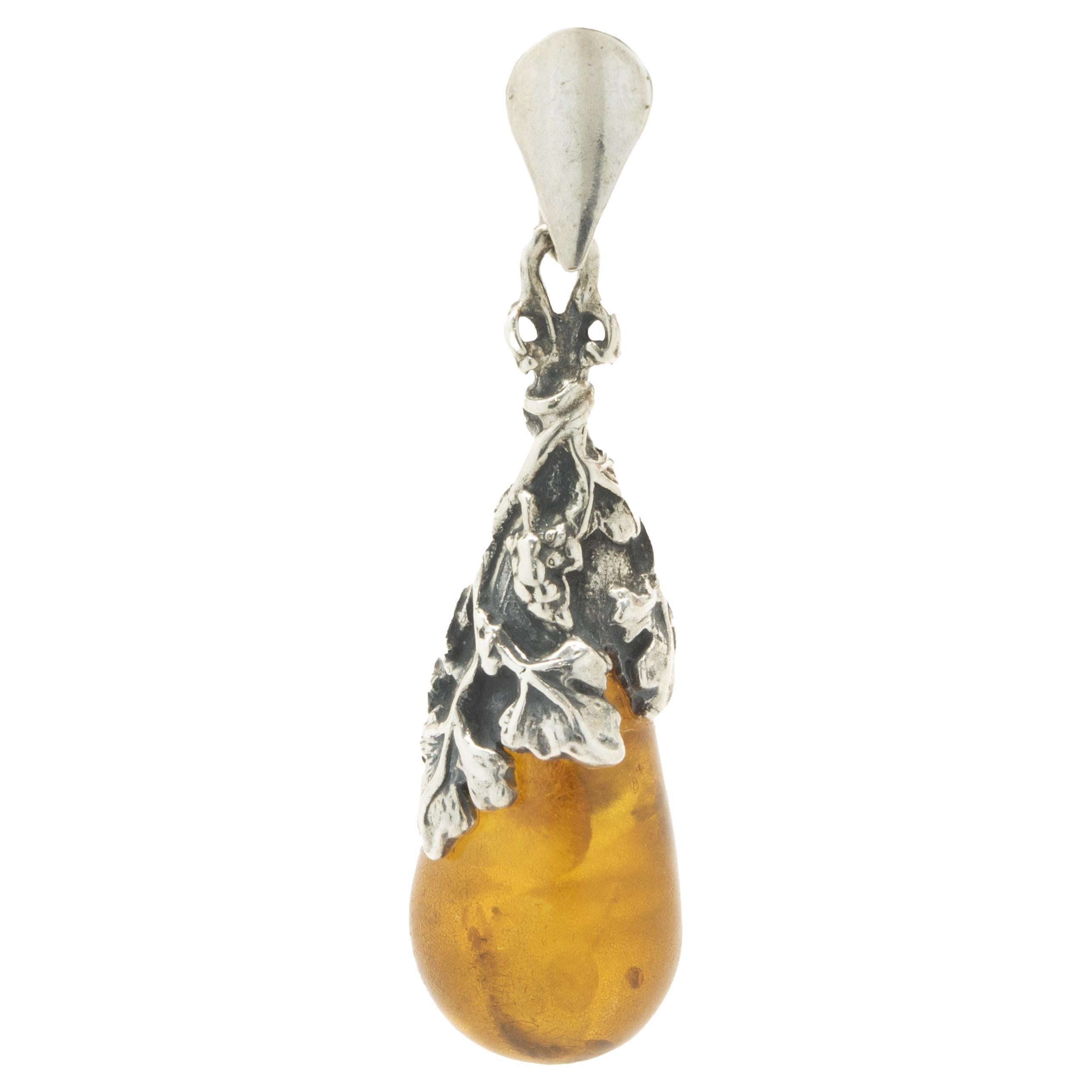 Sterling Silver Floral Amber Pendant For Sale