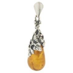 Used Sterling Silver Floral Amber Pendant