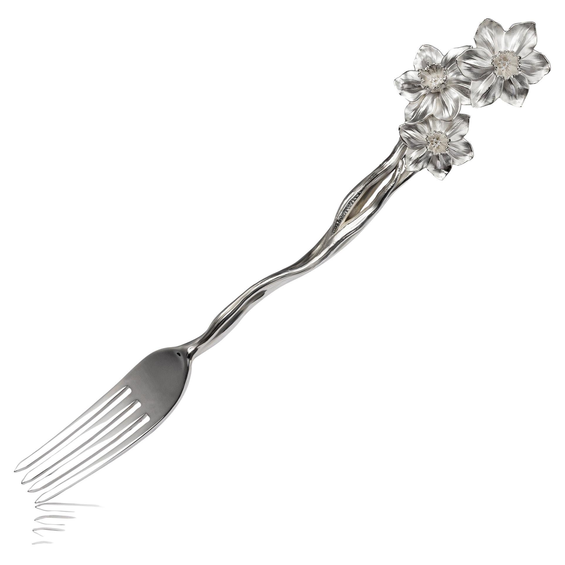 Sterling Silver Floral Fork with VS Diamonds For Sale