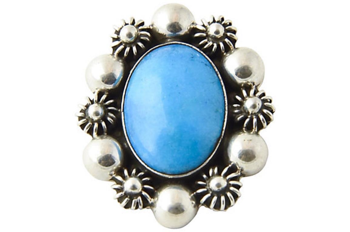 Sterling Silver Floral Frame with Turquoise Center Brooch 2