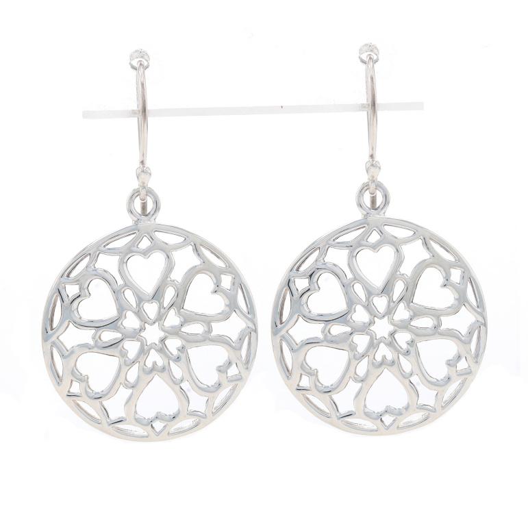 Metal Content: Sterling Silver

Style: Dangle
Fastening Type: Fishhook Closures
Theme: Floral Lace Heart Medallion, Circles
Features: Open Cut Design

Measurements

Tall: 1 5/8