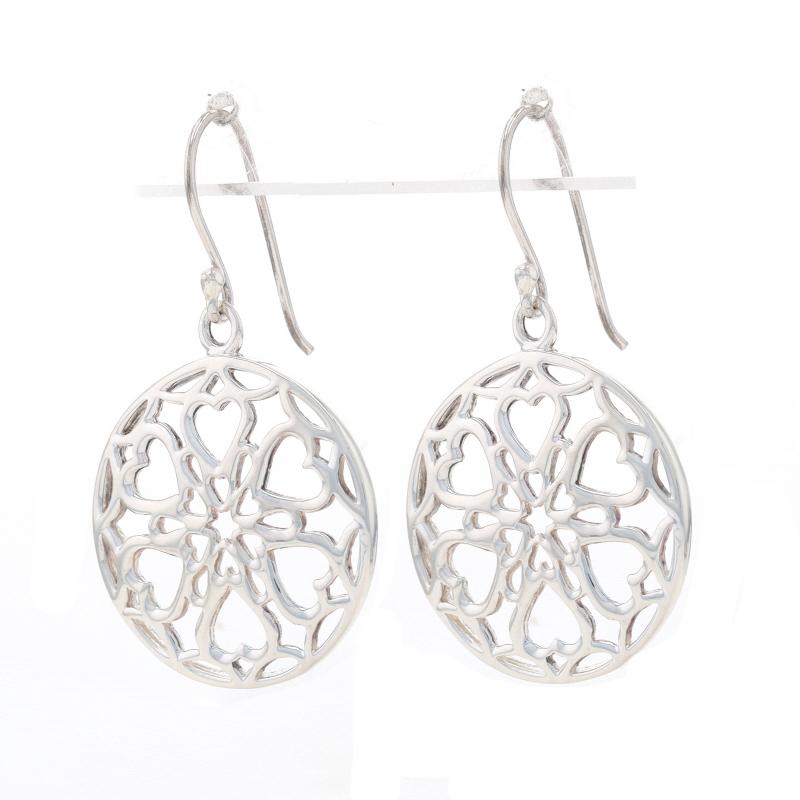 Sterling Silver Floral Lace Heart Medallion Dangle Earrings -925 Circles Pierced In Excellent Condition For Sale In Greensboro, NC